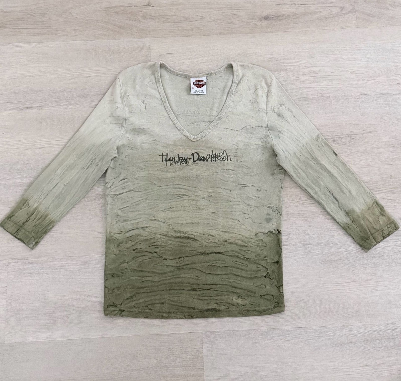 Harley-Davidson 3/4 Sleeve Shirt Size XL Green Acid Wash Lake Erie Avon Ohio