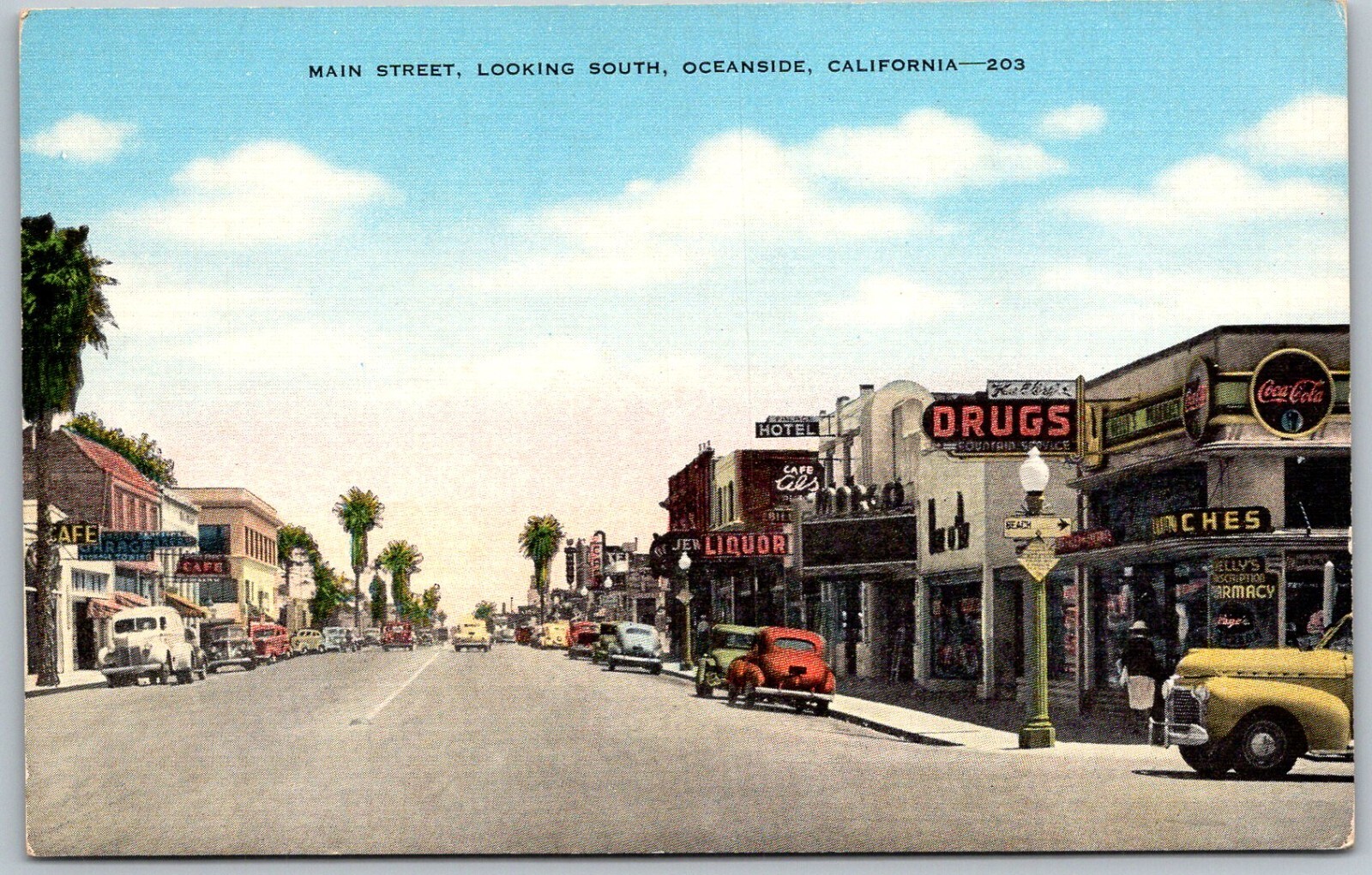 Oceanside California 1940s Postcard Main Street Looking South Drug Liquor Store Oceanside California 1940s Postcard Main Street Looking South Drug Liquor Store