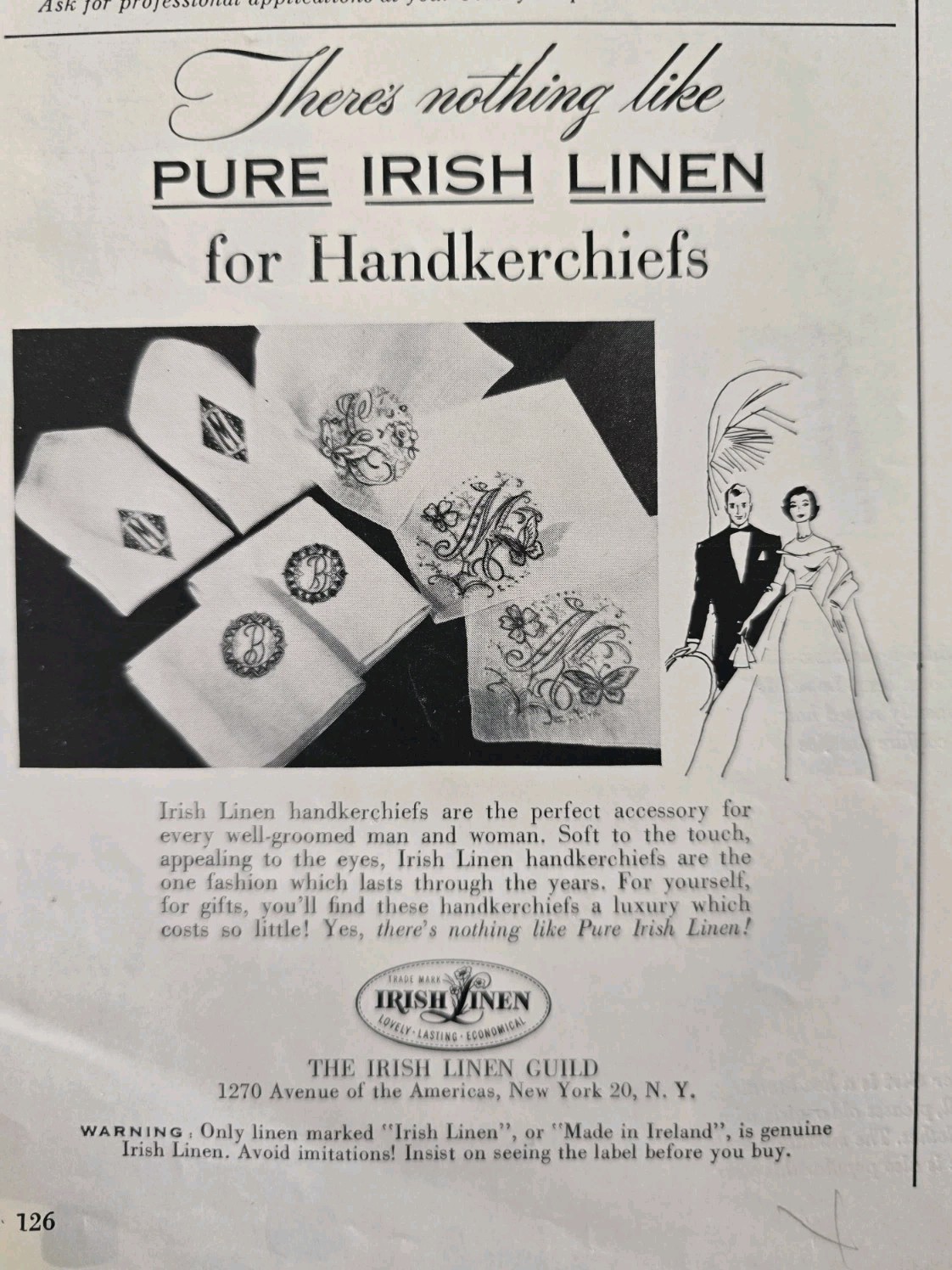 1954 Pure  Irish Linen Guild for Handkerchiefs Vintage ad