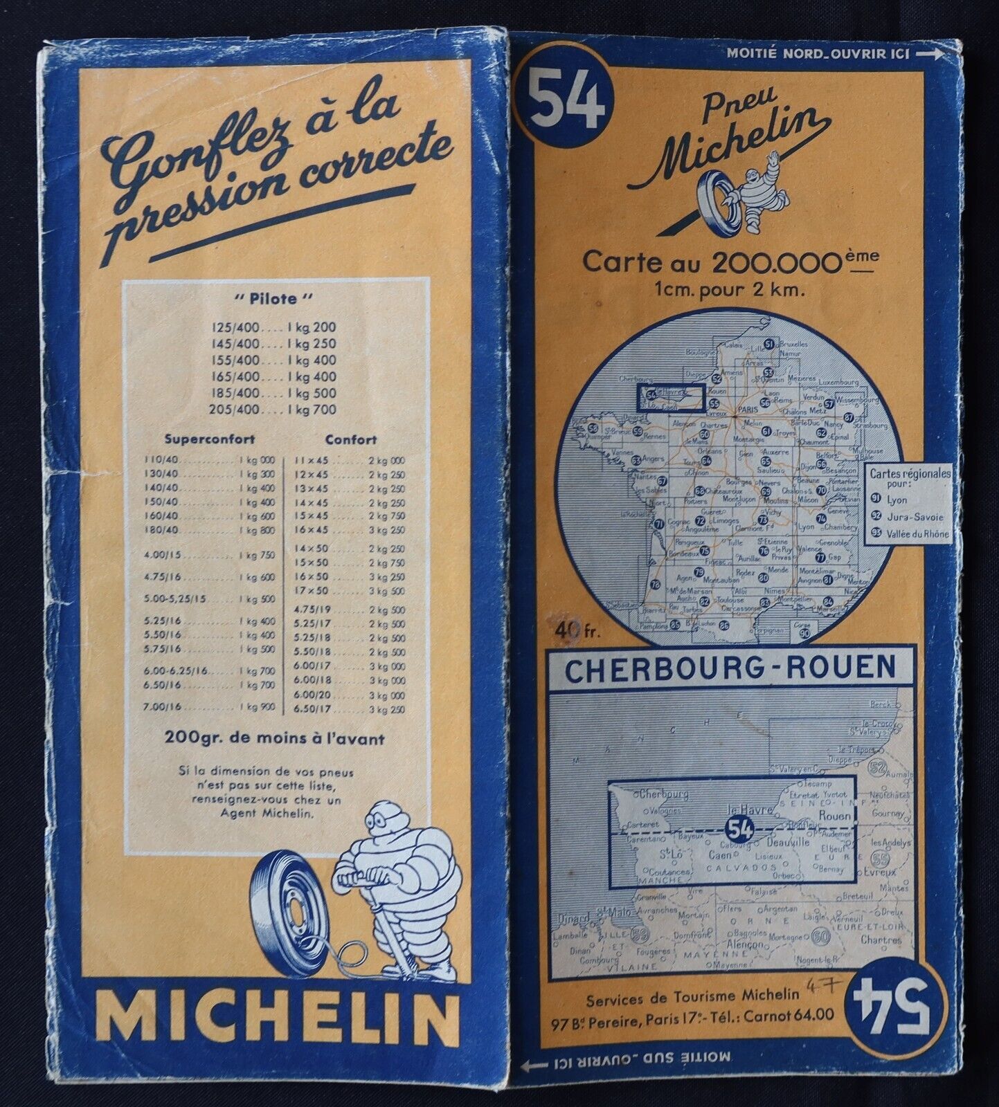 Card MICHELIN 54 CHERBOURG ROUEN 1947 Guide Bibendum tire tyre map