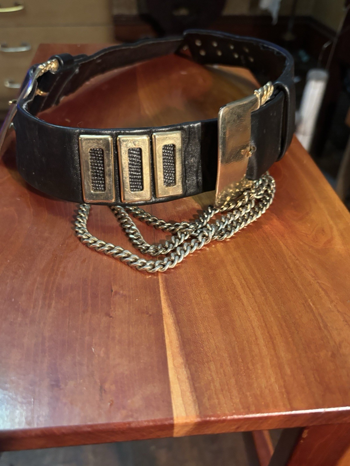 Vintage 1992 Leather Rock, Black, Leather, Gold Chain Belt Nina Arjani 90s