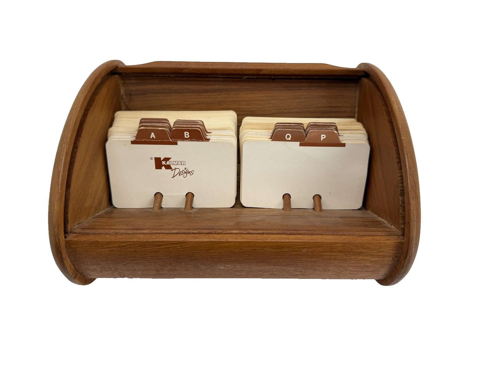 VTG Kalmar Designs Teak Wood Tambour Roll Top Contact Cards Box Rolodex 9\