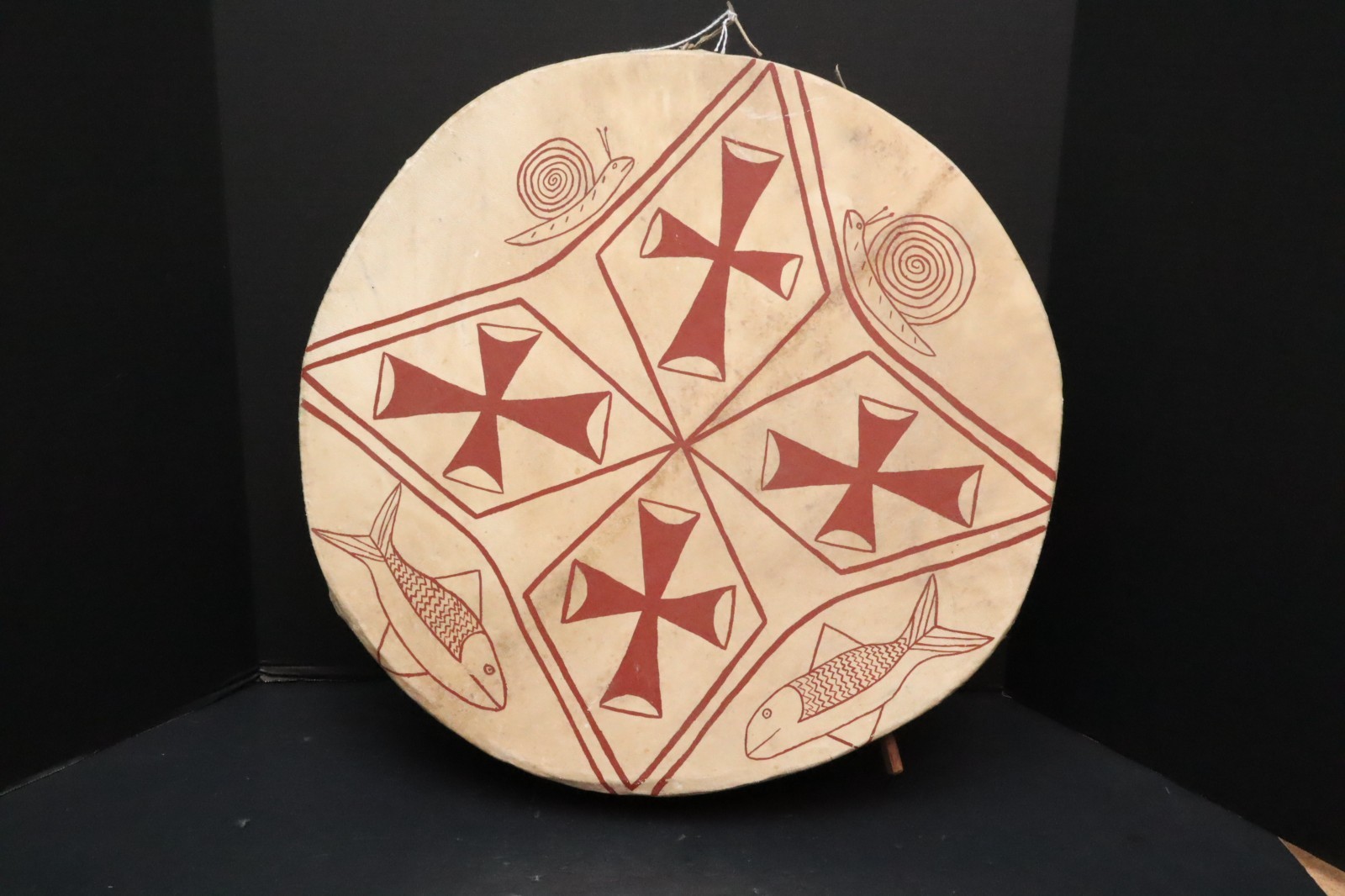 VINTAGE  NATIVE AMERICAN  BUFFALO HIDE Painted  HEALING DRUM Four Cross 20\