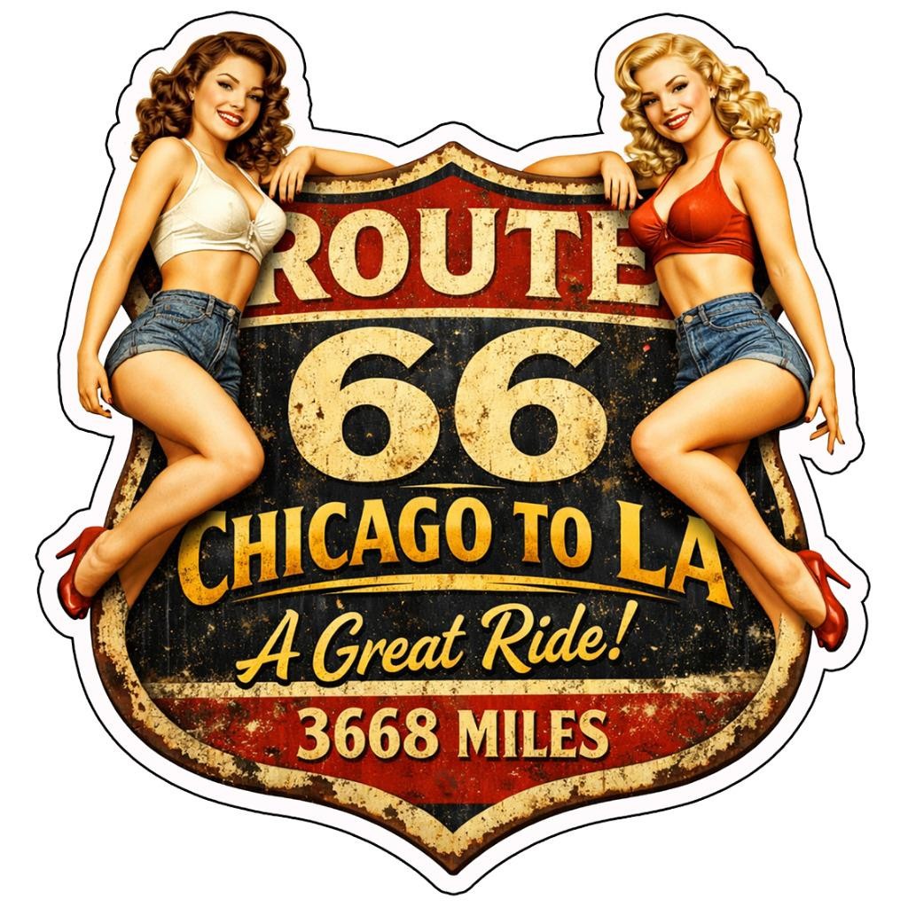 Vintage Style Metal Sign Route 66 Chicago To LA Pinup Girls 16x15