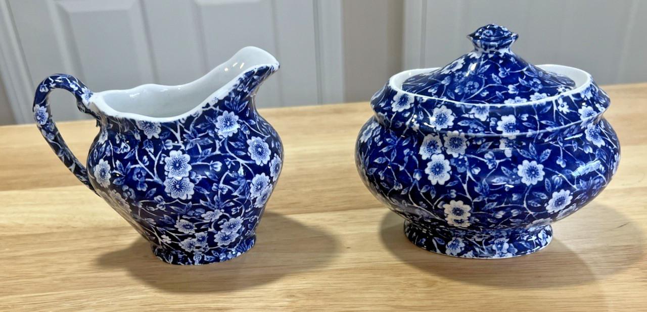Vintage Calico Blue Crownford Staffordshire Chintz Sugar Bowl & Creamer Set READ