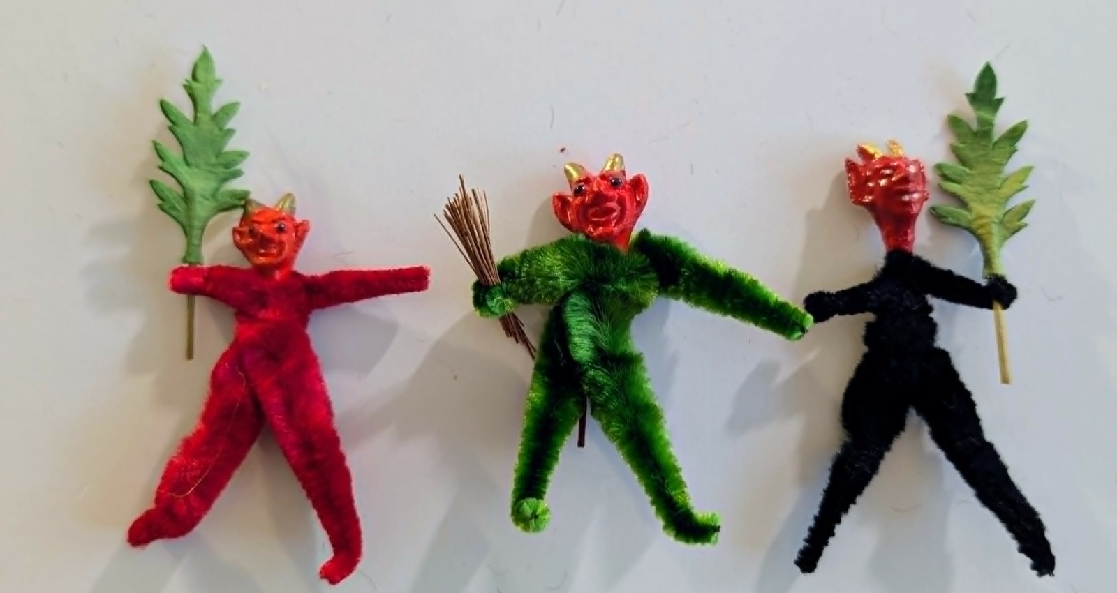 Antique German Austrian Chenille Krampus Devil Figure Composition Clay Head Trio