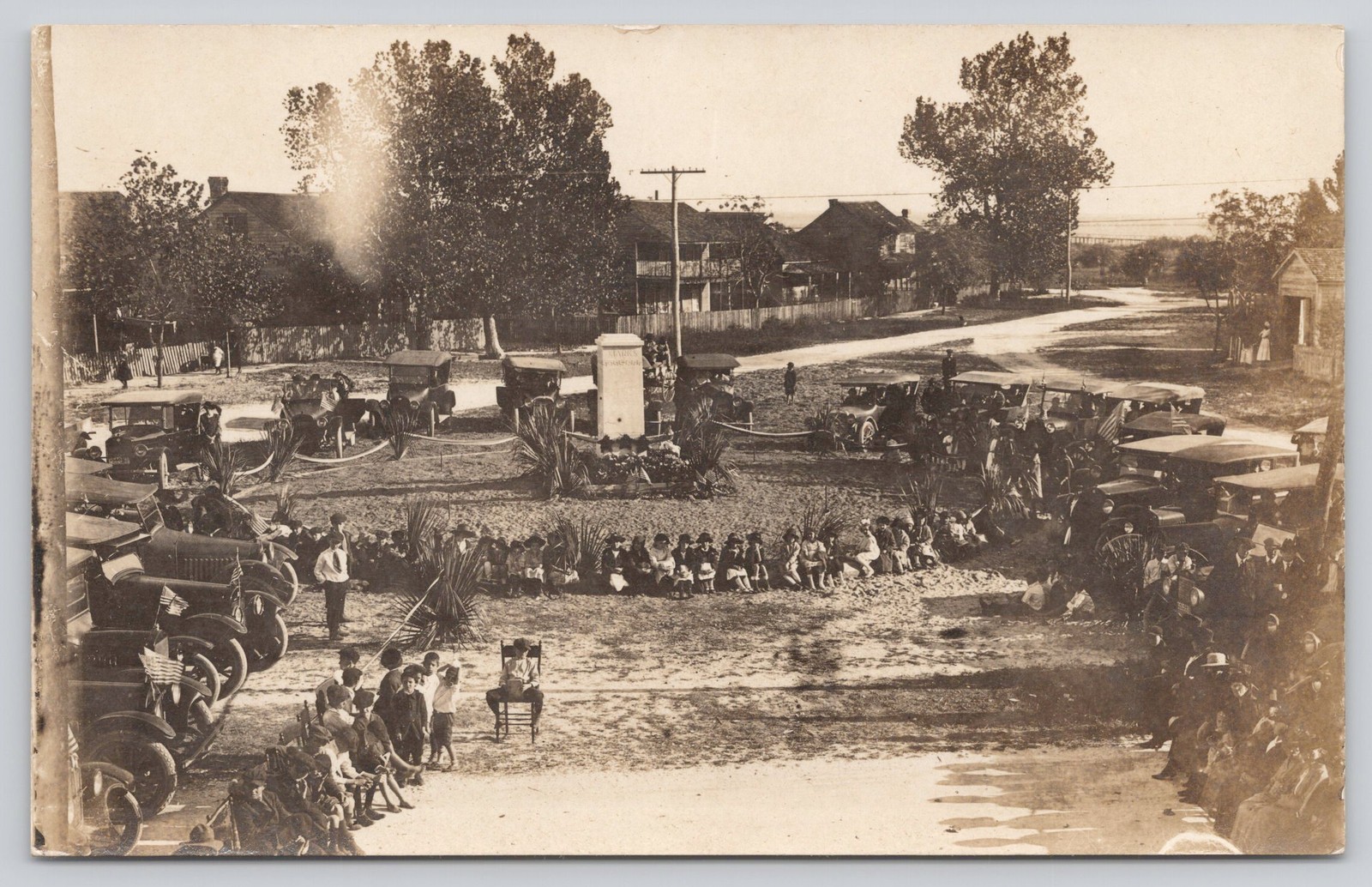 RPPC Willoughby Marks WWI Memorial Apalachicola FL Model T Flags Adults Children