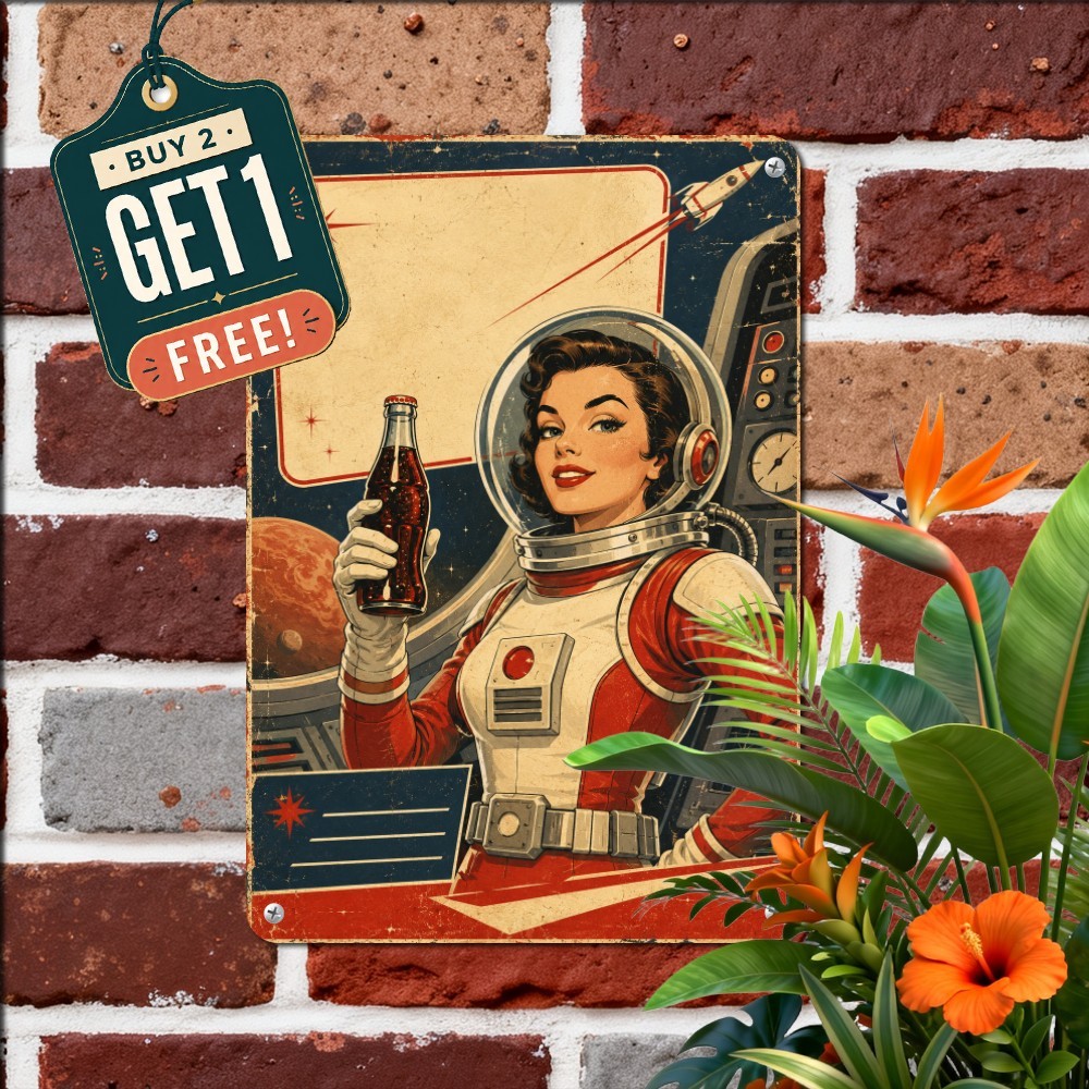 Retro Space Soda Pinup Metal Sign Vintage Atomic Sci-Fi Tin Wall Plaque