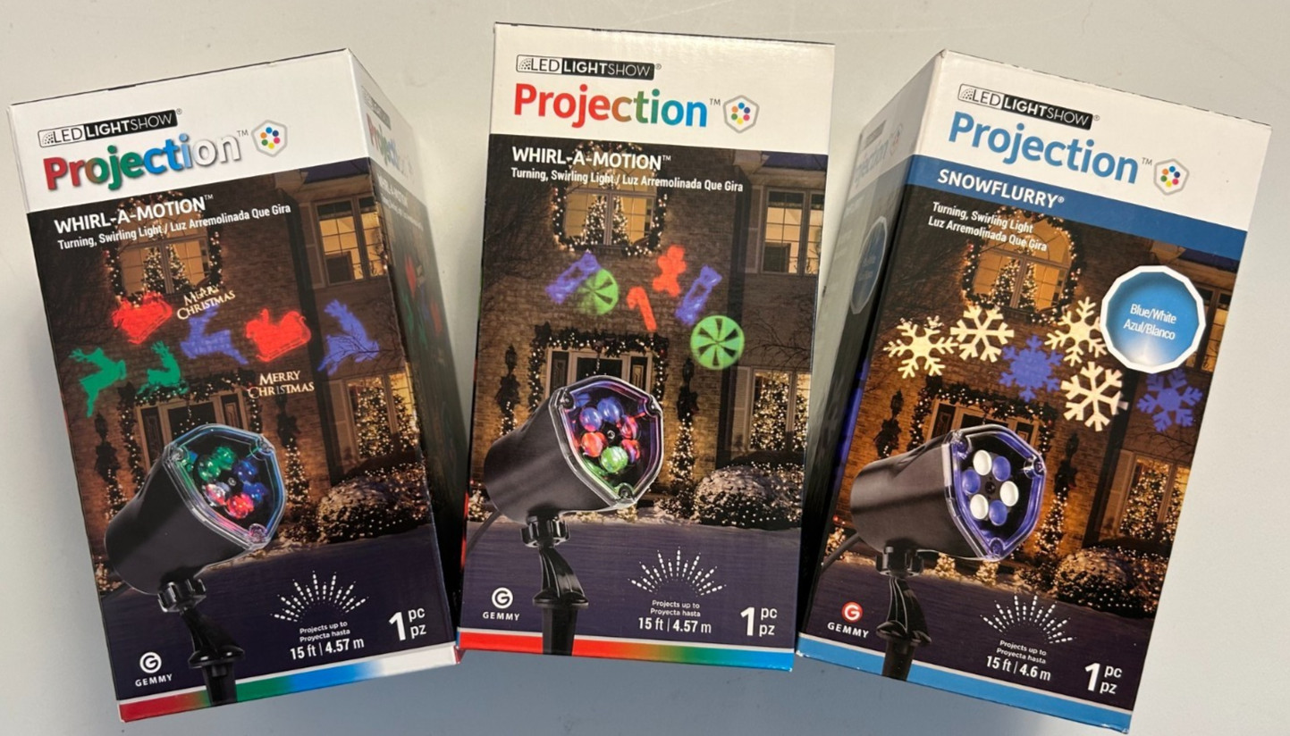Lot of 3 Gemmy LED Light Show Christmas Projectors Whirl-A-Motion & Snowflurry