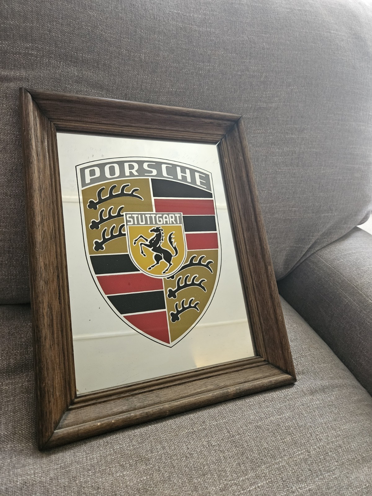 Vintage PORSCHE STUTTGART LOGO WALL MIRROR Wood Frame Man Cave Decor 