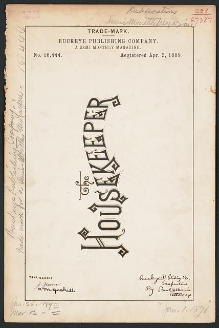 Minneapolis MN 1889 Housekeeper Magazine Trademark Buckeye Publishing Company