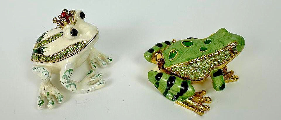 Frog Prince Enamel Trinket Boxes Lot of 2 Jeweled Rhinestone Hinged Metal Case