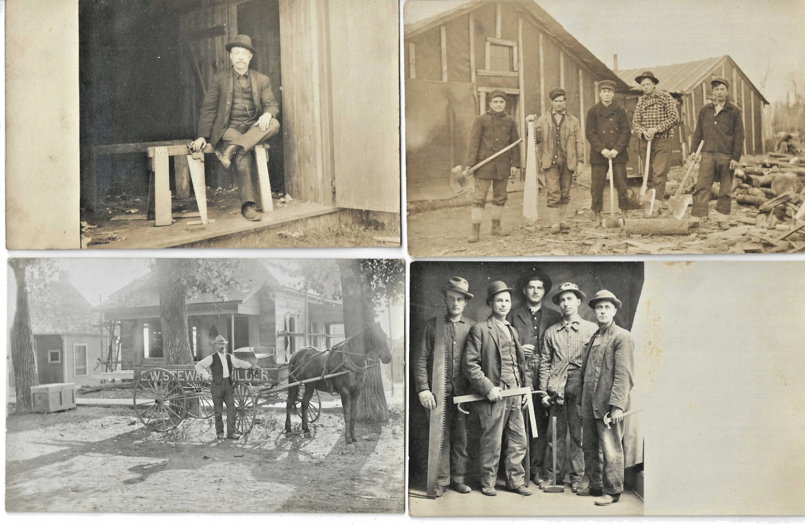 4 Antique Occupational RPPC Photo Postcards Carpenters Outdoors Tools Saw Axes