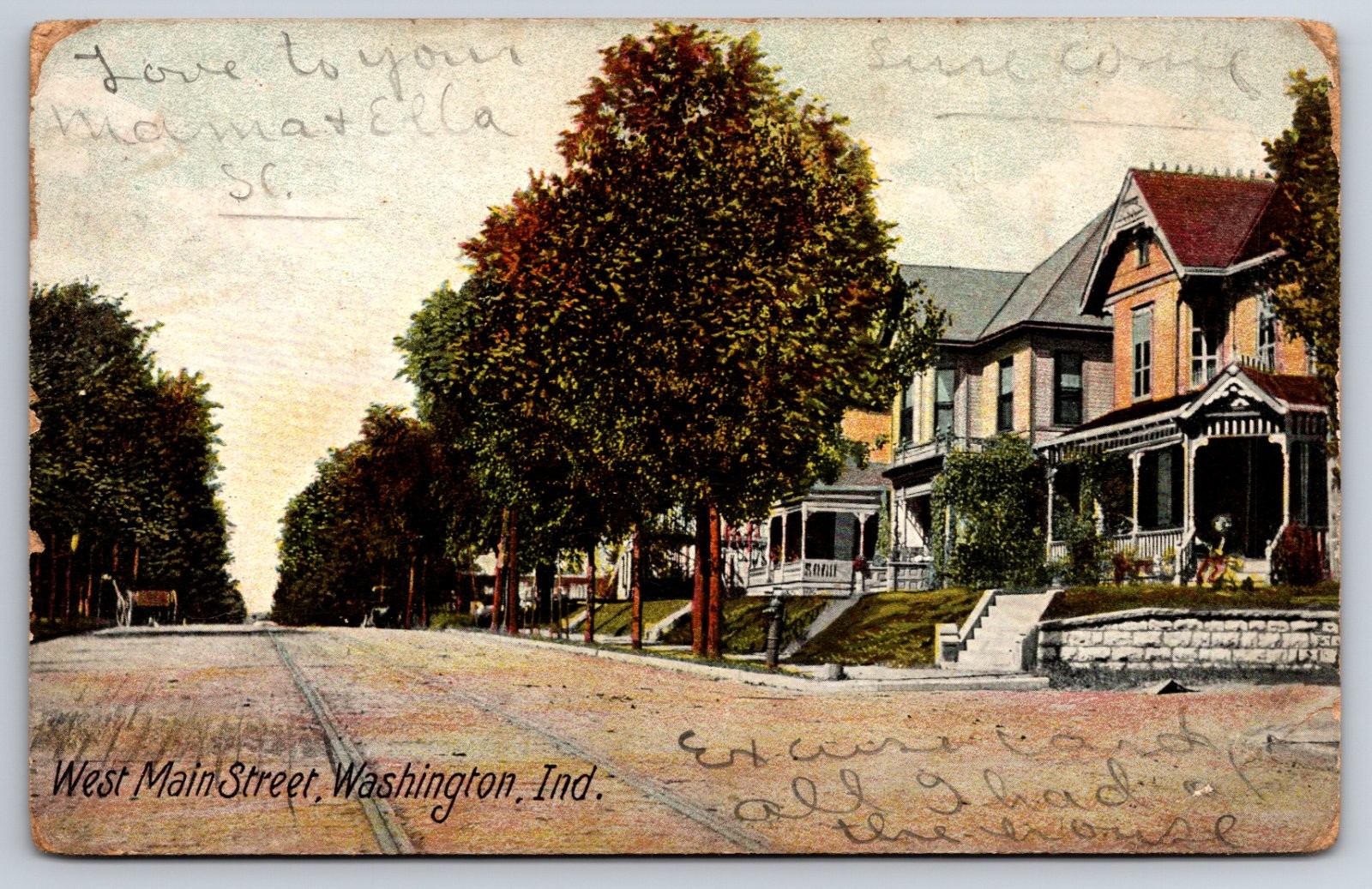 Washington Indiana West Main Street Houses Trees Postcard