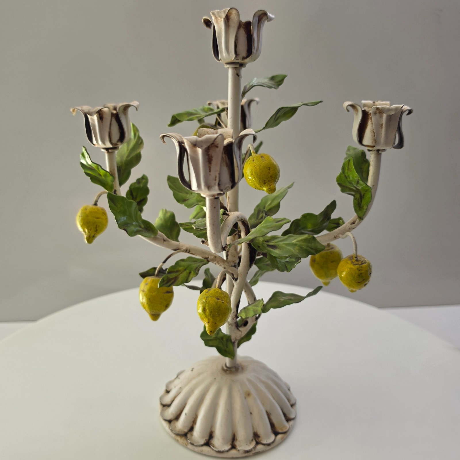 Vintage Italian Toleware Metal Candle Holder Leaves Fruits 14\