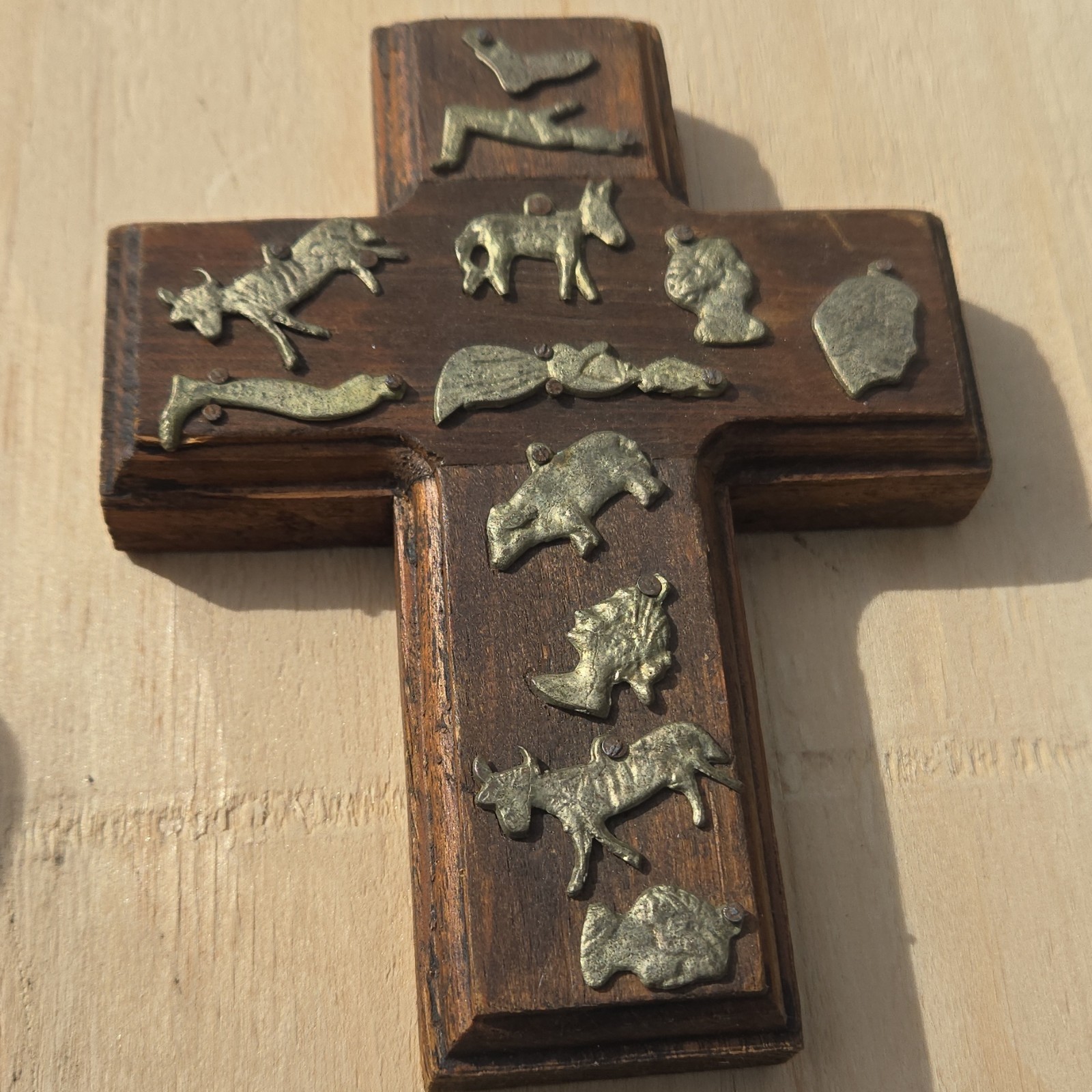 Vintage Mexican Wooden Milagro  Cross With Charms Folk Art 6\