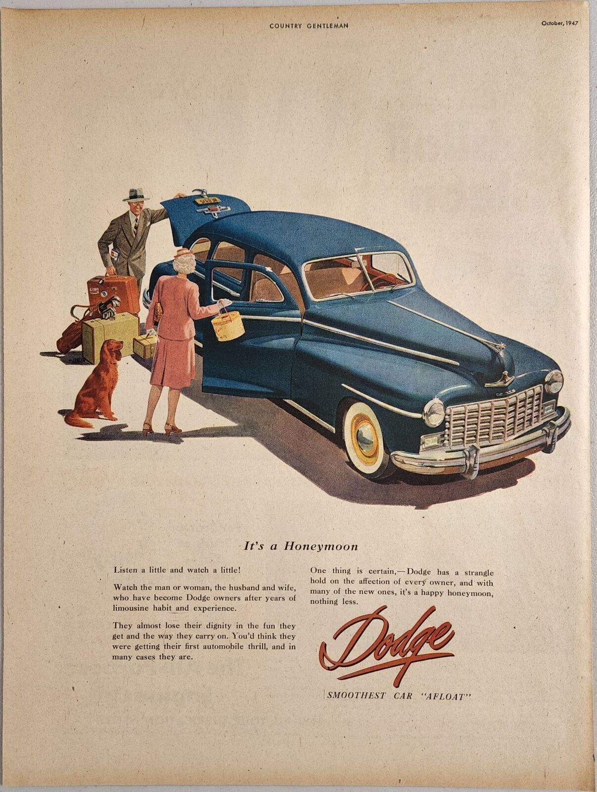 1947 Print Ad Dodge Blue Car Couple with Dog Go On Honeymoon