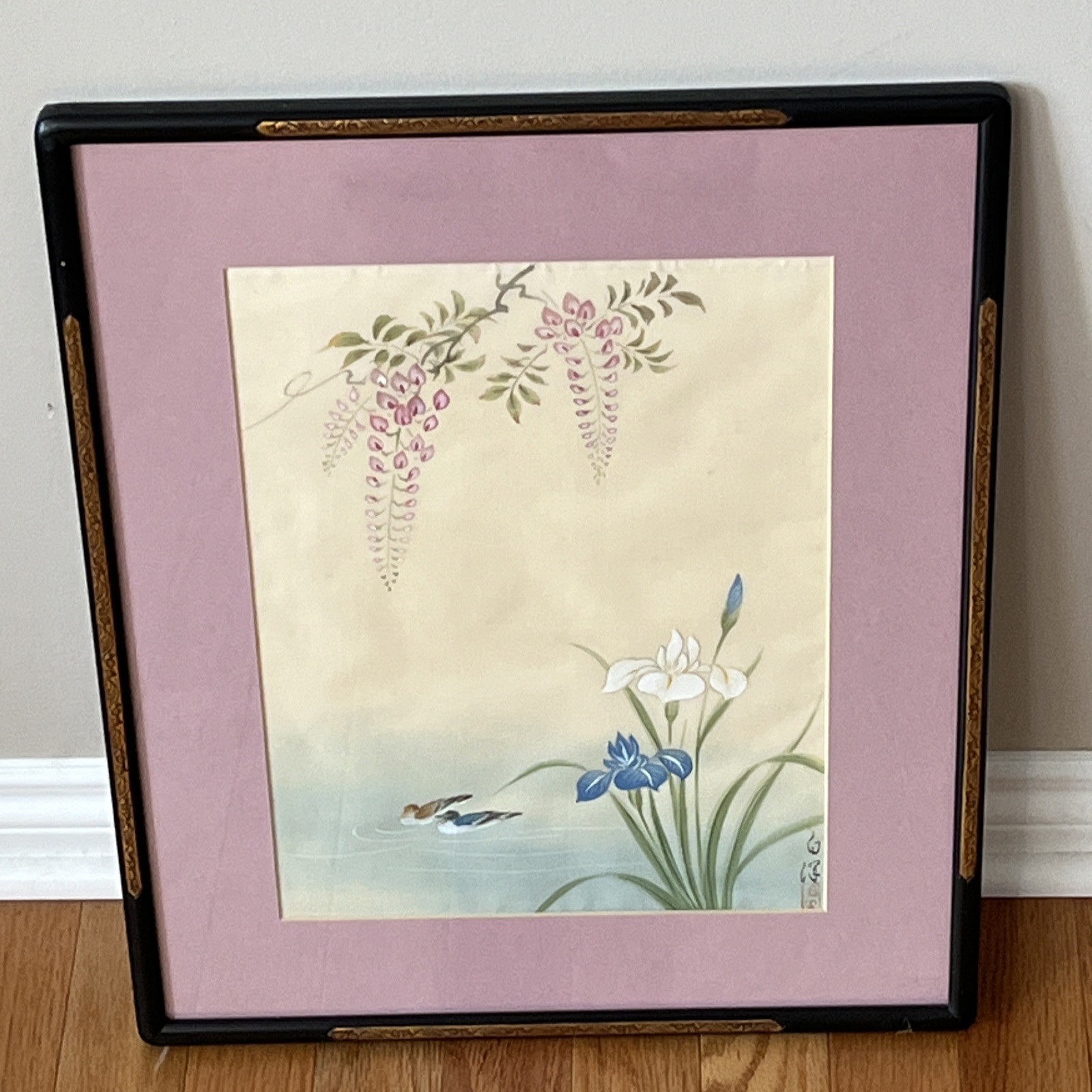 Vtg Japanese Watercolor Printing on Silk Birds Iris Wisteria Signed w/ Red Seals
