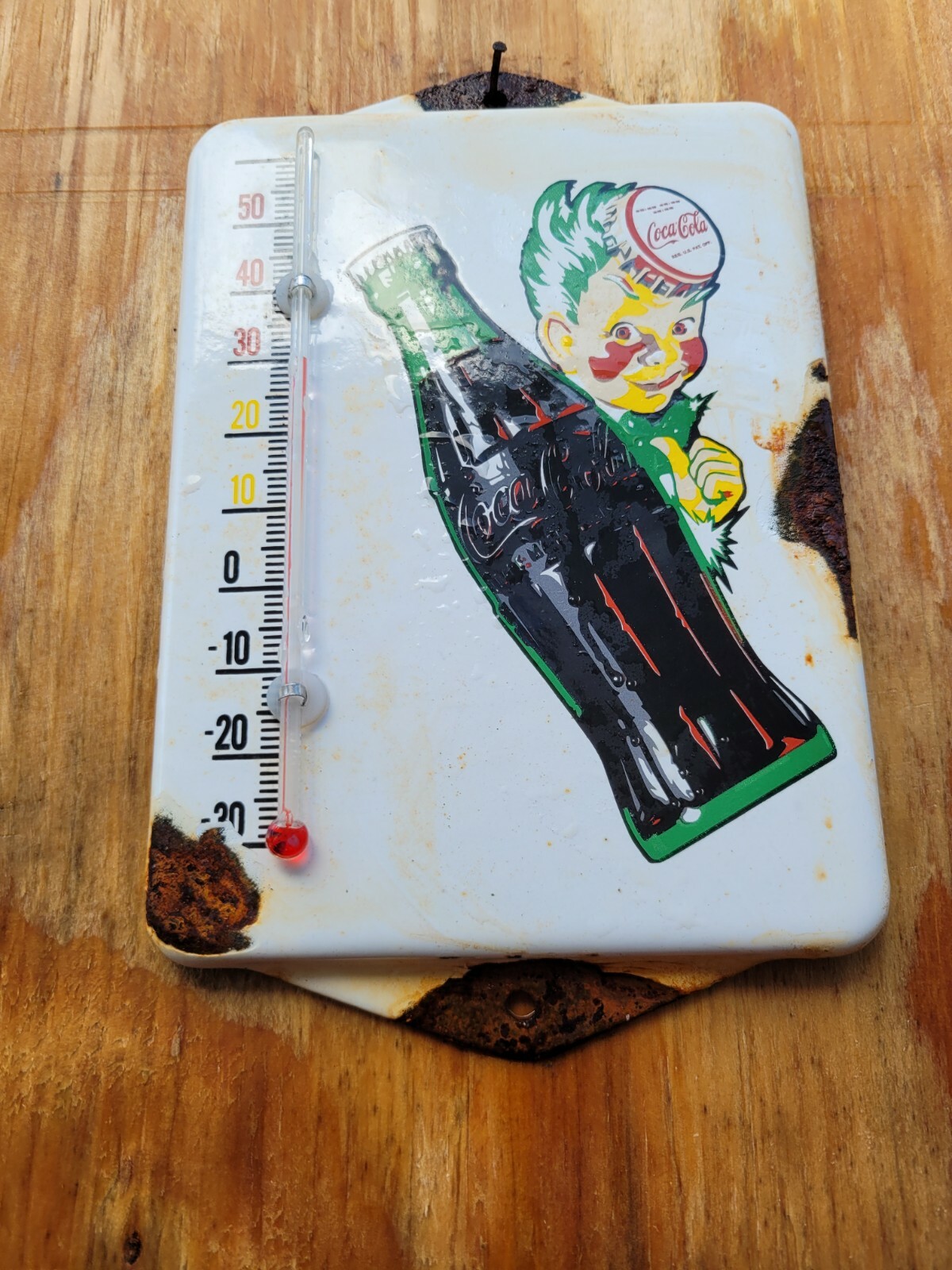 VINTAGE COCA COLA PORCELAIN SIGN METAL THERMOMETER SODA COKE BOTTLE BOY POP