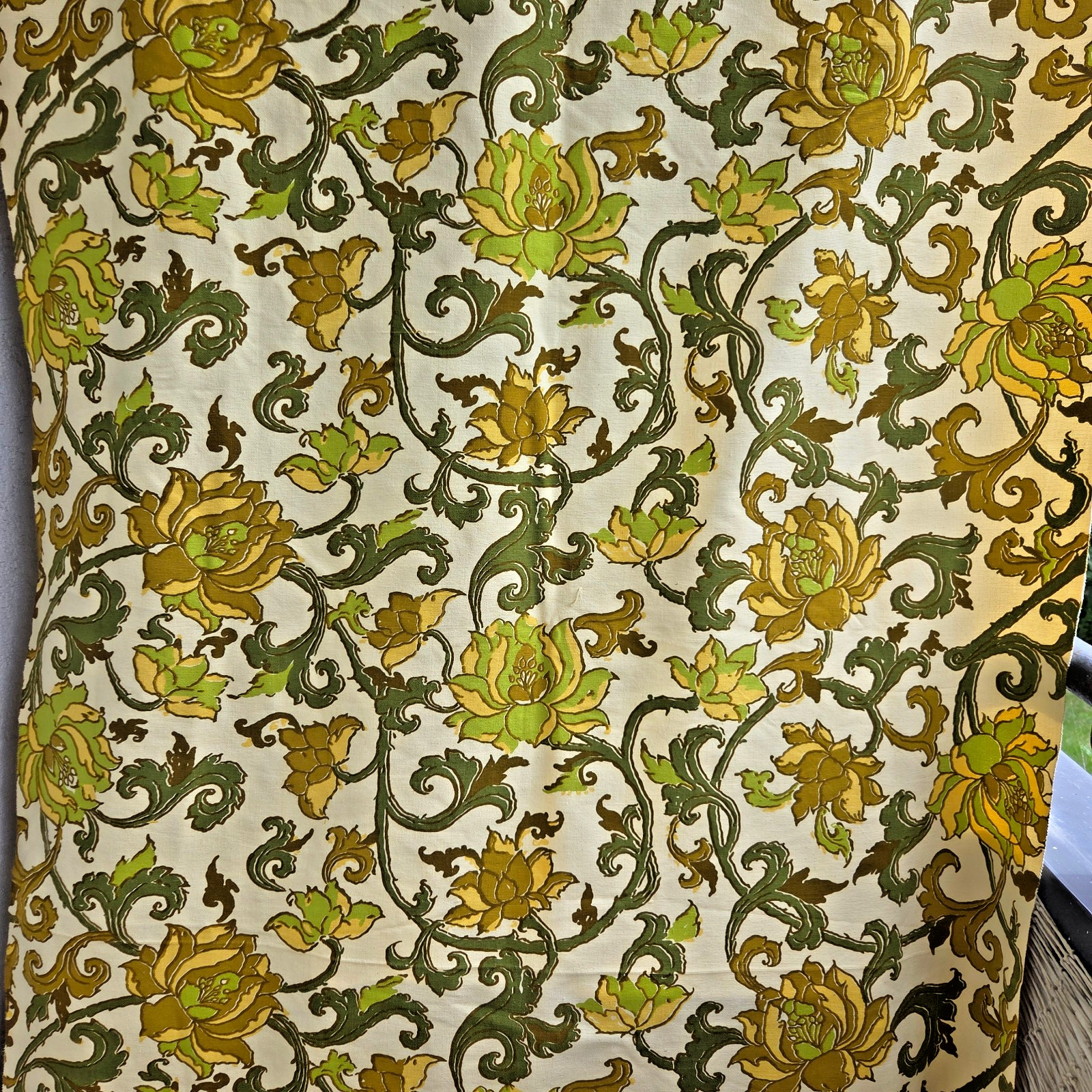 Baroque Floral Fabric Yardage | 1970s Olive Green Gold Upholstery Canvas