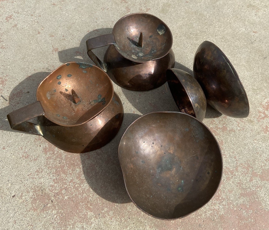 Vintage Antique Copper Candle Holders Chambersticks & Hand Hammered Bowls Lot