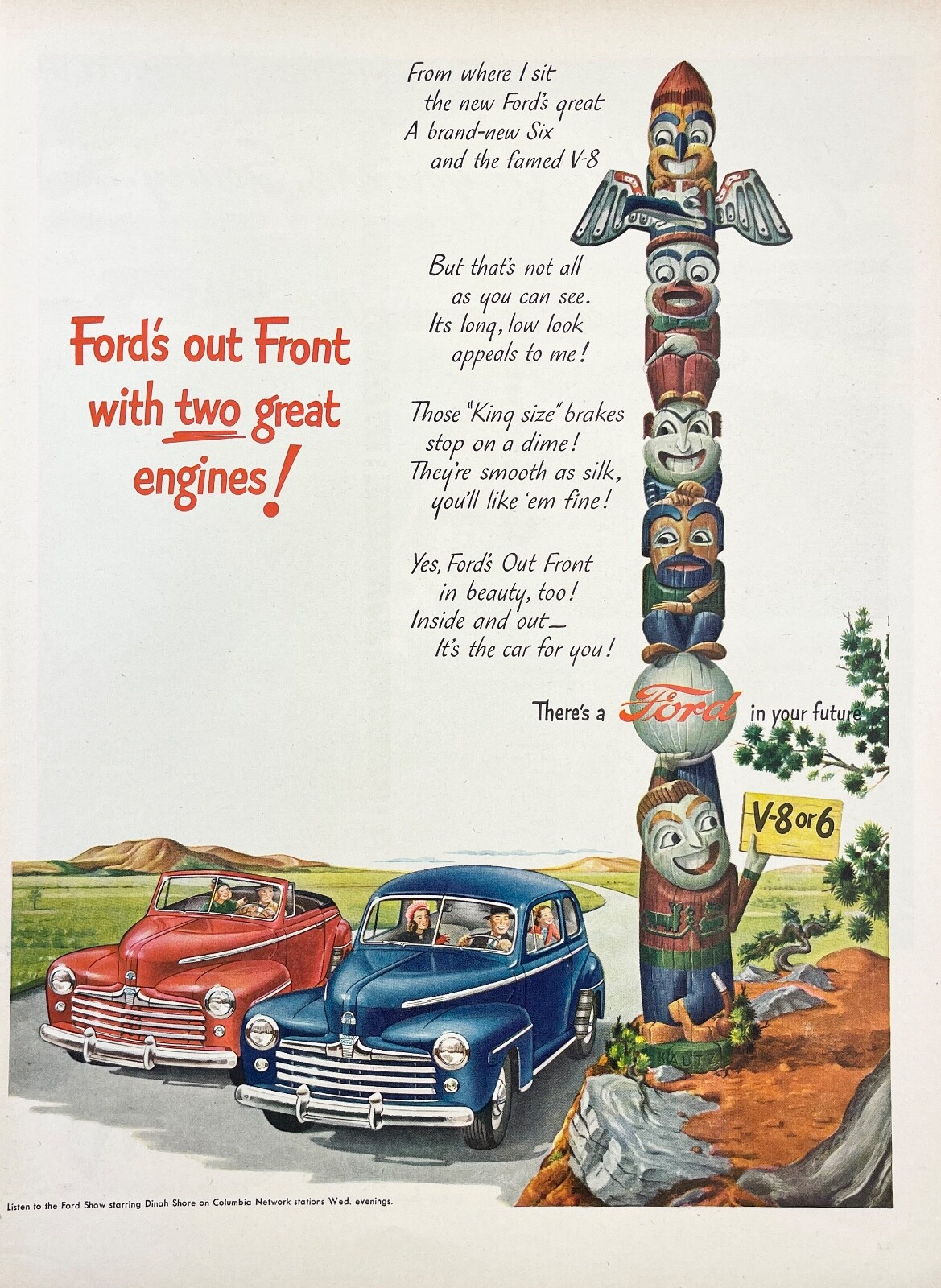 Ford Cars c1940s Original Print Ad Convertible Sedan Totem Pole Six V8