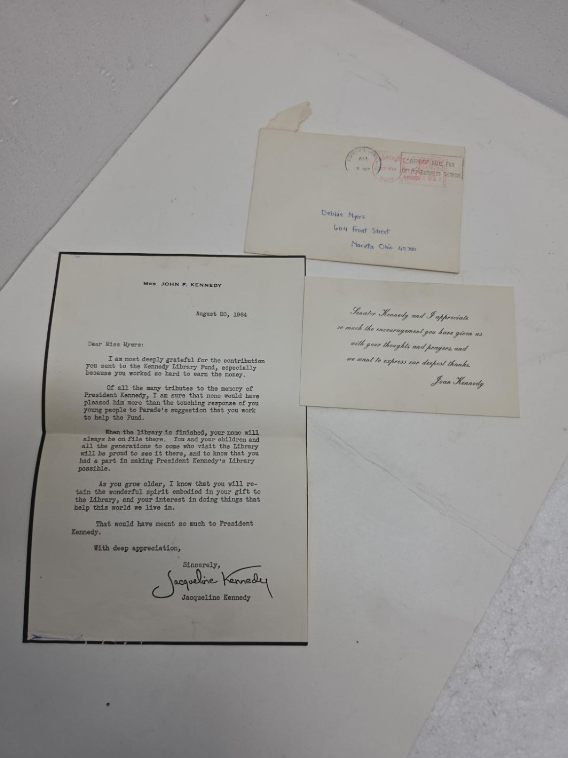 1964 Jacqueline Kennedy JFK Library Fund Letter + Envelope & JFK Memorial Prayer