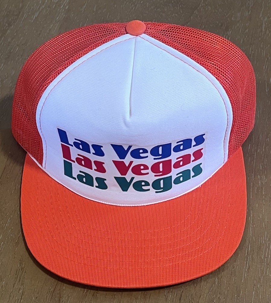 Vintage 80s Las Vegas Trucker Hat Snapback Orange White Foam Mesh Cap