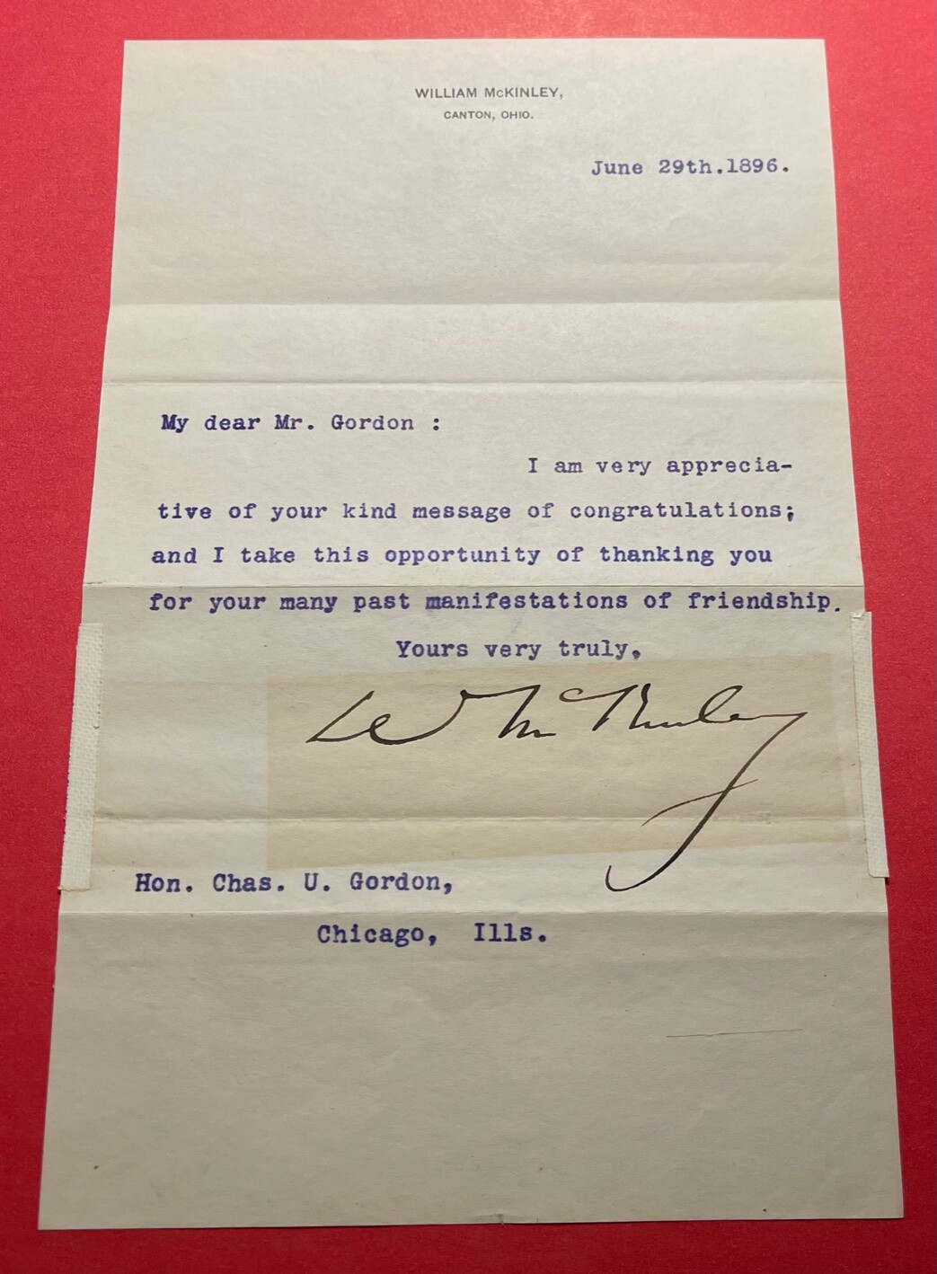 WILLIAM McKINLEY 1896 SIGNED TYPED NOTE REPUBLICAN NOMINATION JSA LOA COA ✍️
