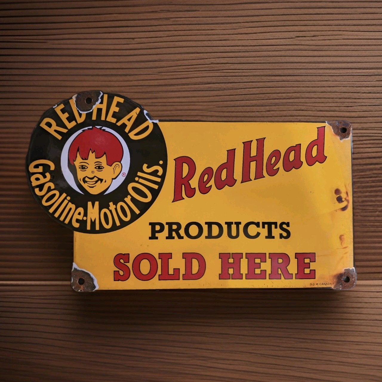 Vintage Red Head Gasoline Porcelain Sign Motor Oil Esso Mobil Sold Here Gas Oil 