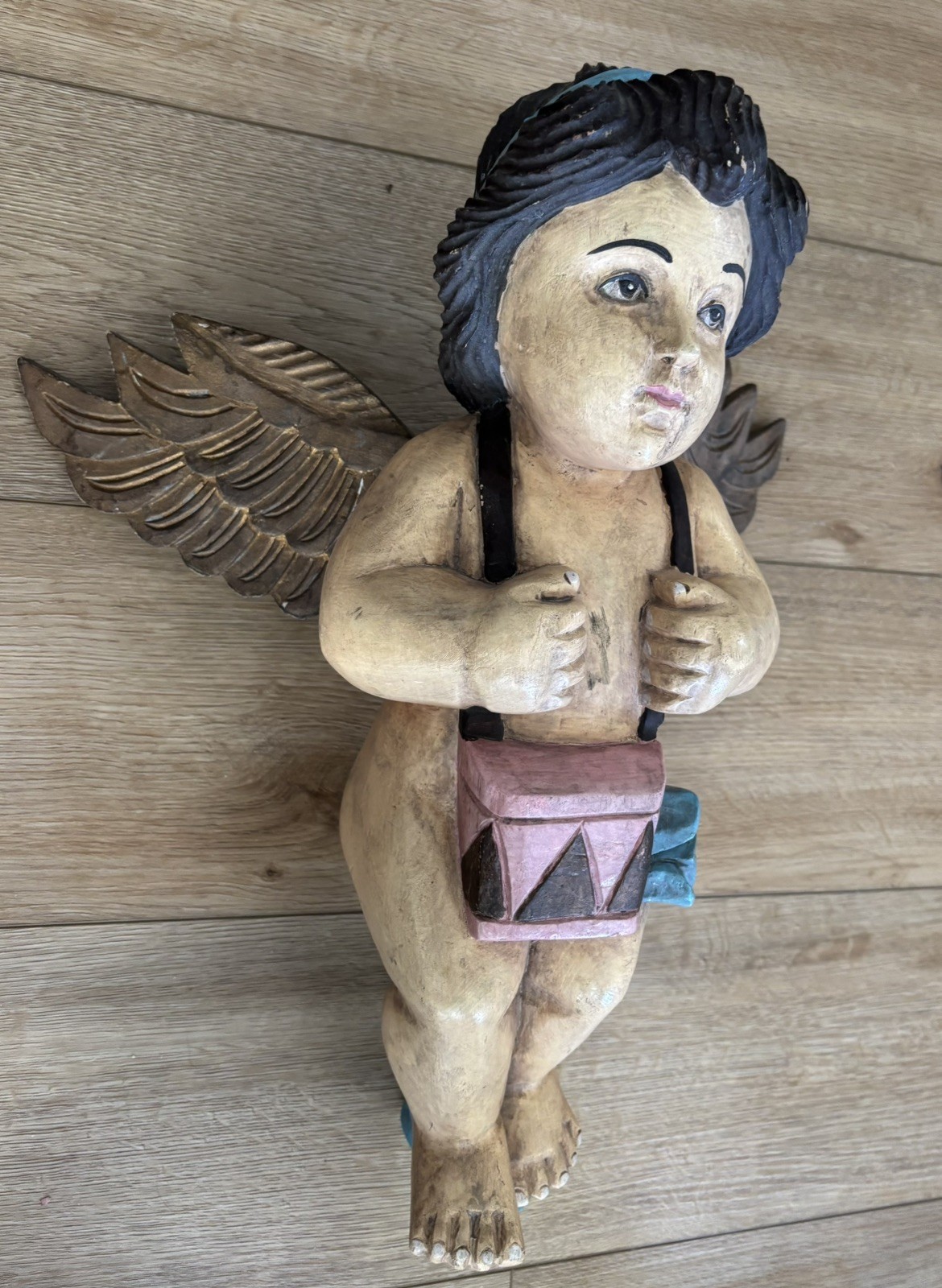 Antique Hand Carved Painted Wood Large Angelic Cherub Putti  Sculpture 18\