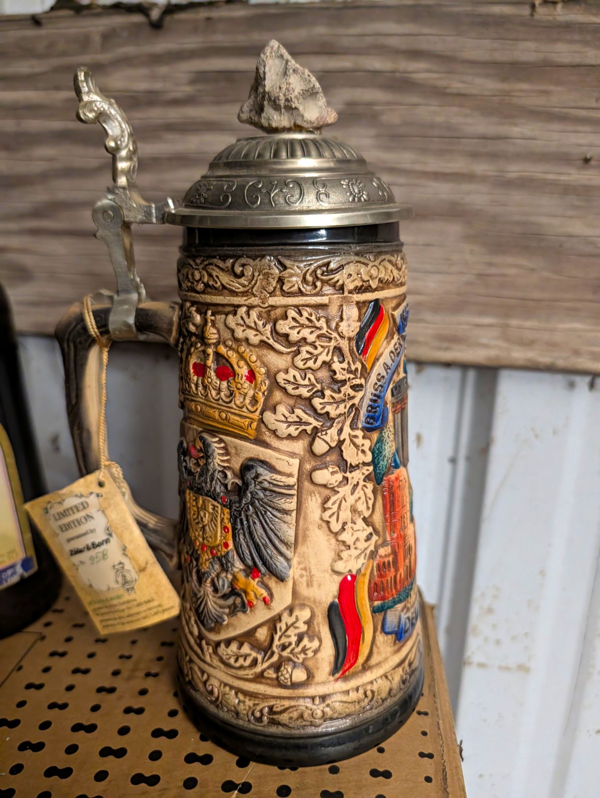 Vintage German Beer Stein, Brandenburg Gate, Piece of Berlin Wall, Stoneware