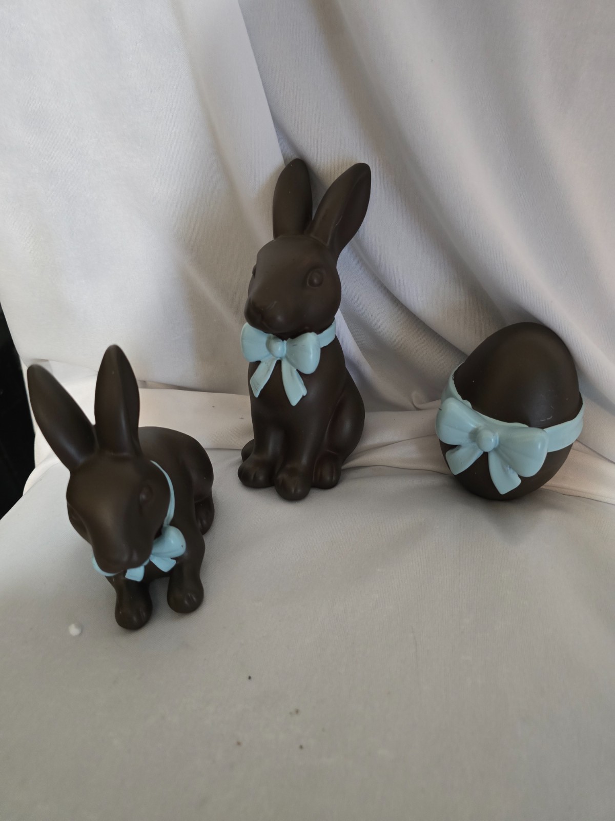 Brown  Easter bunny and egg with blue bow decor decode 2 bunnies and a egg