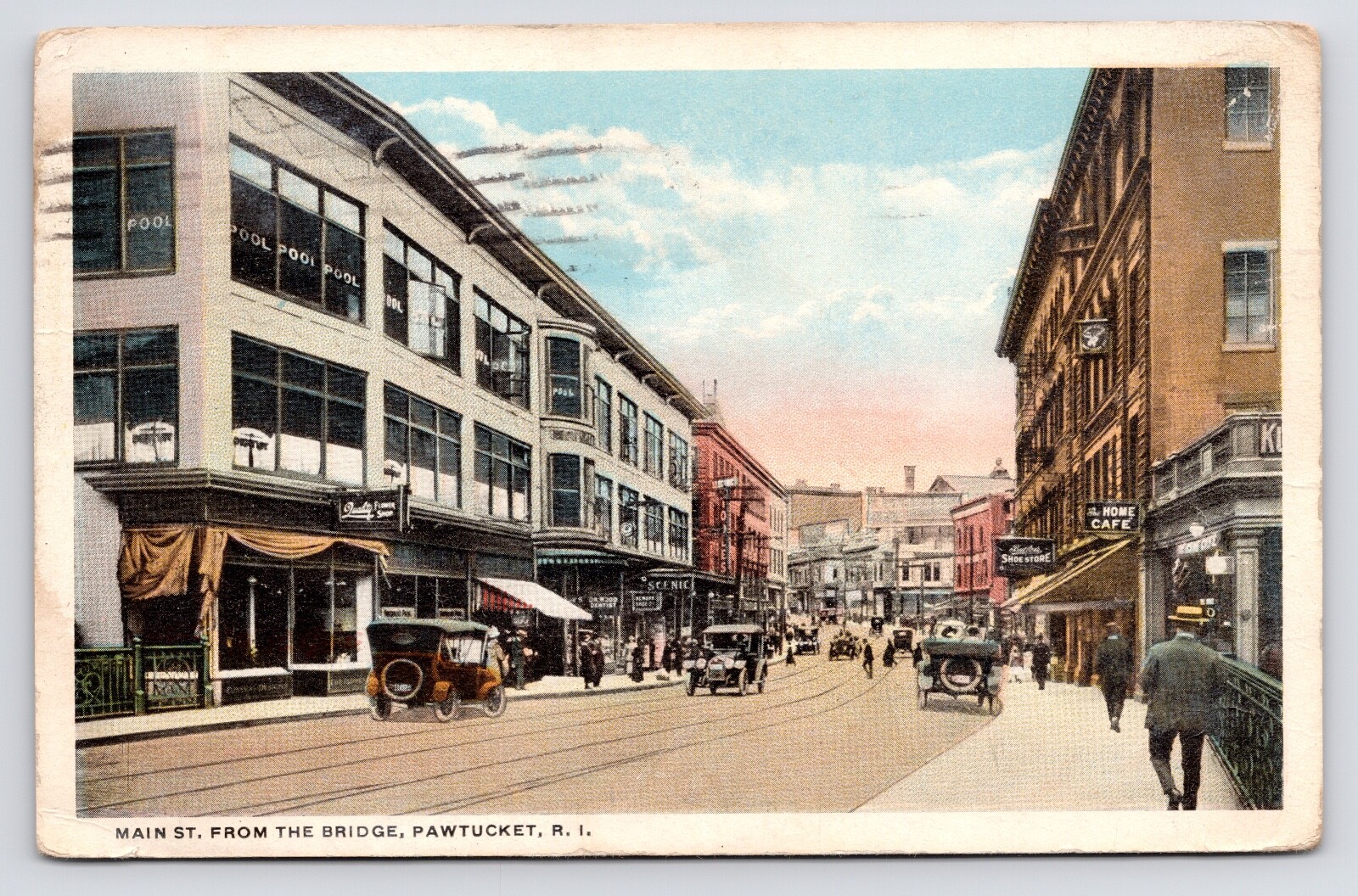 Pawtucket Rhode Island RI Main Street Downtown Pool Hall Postcard c1915 to 1920s