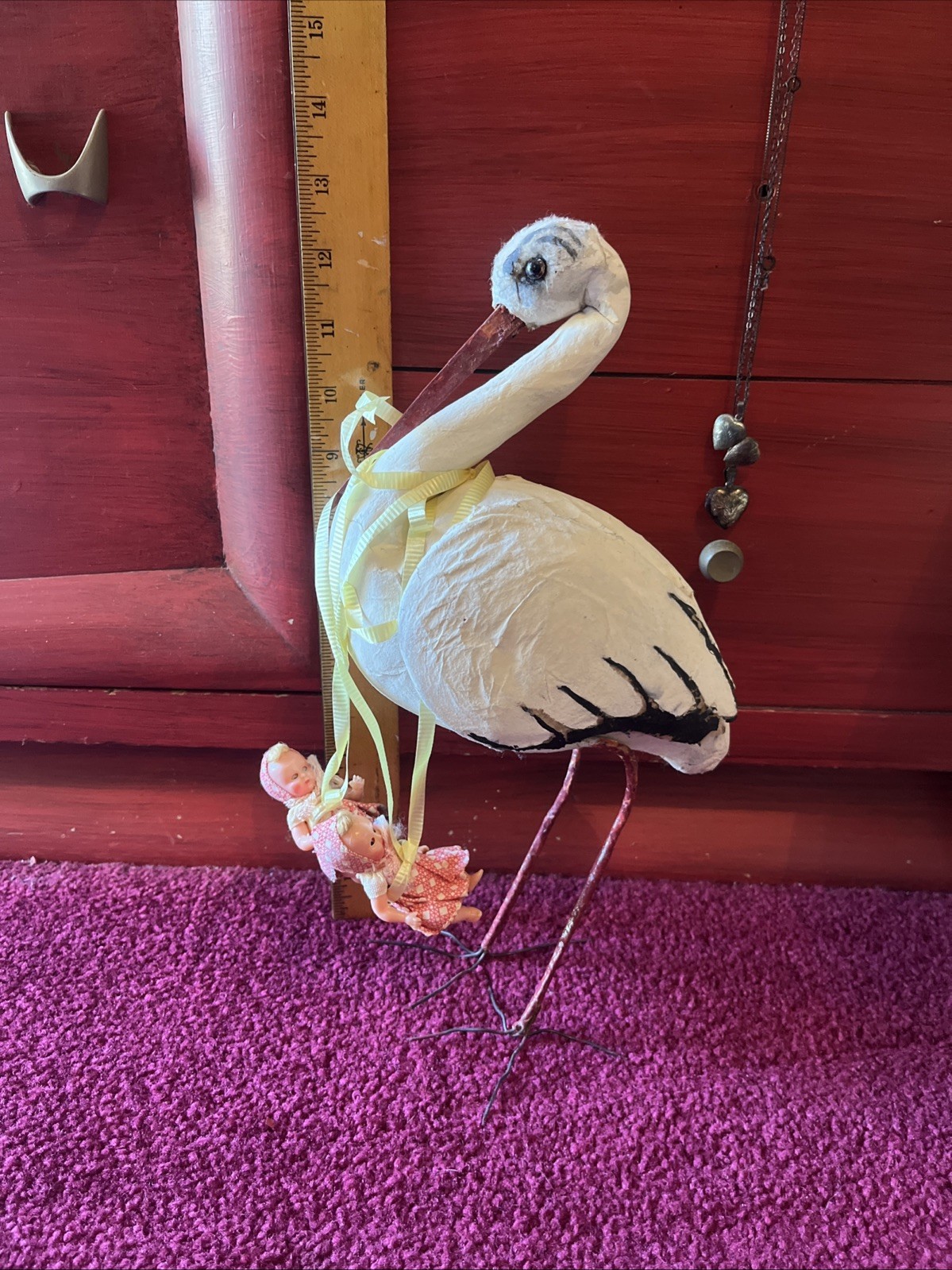 Antique Vintage German Hand Crafted Spun Cotton Stork W/Baby Candy Container
