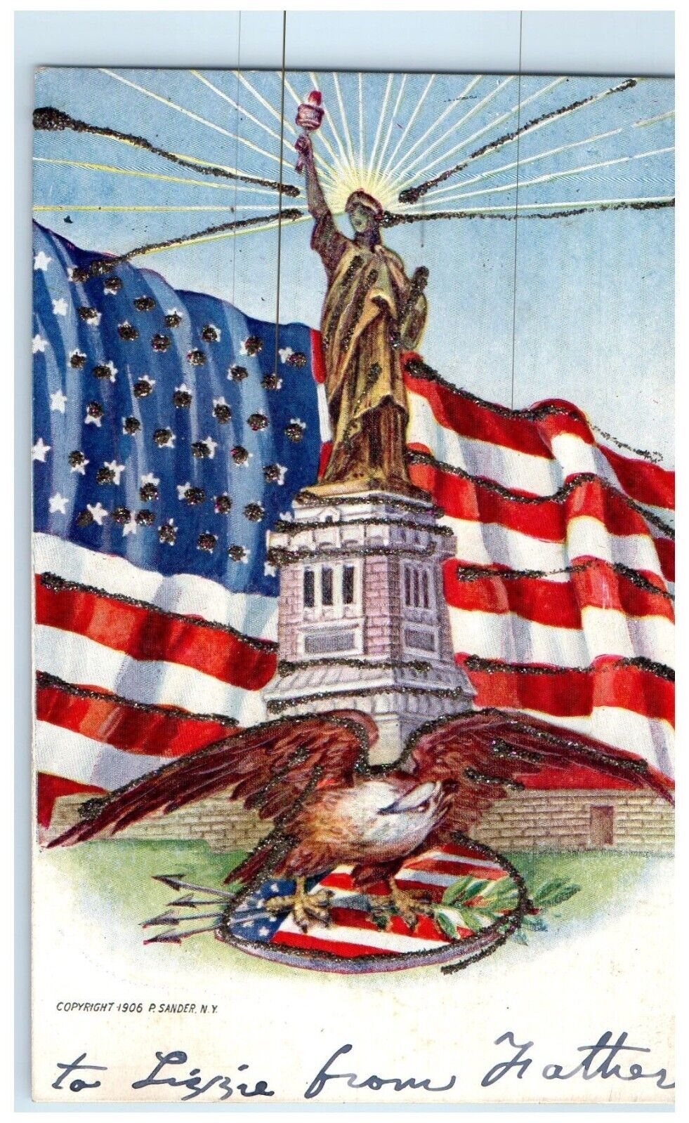 c1905 Statue Of Liberty Patriotic Eagle P. Sander Glitter Embossed Postcard