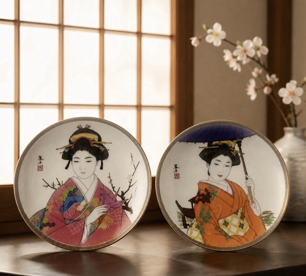 Vintage Japanese Geisha Porcelain Plates Set 2 Bijin-ga Kimono Gold Gilt Japan
