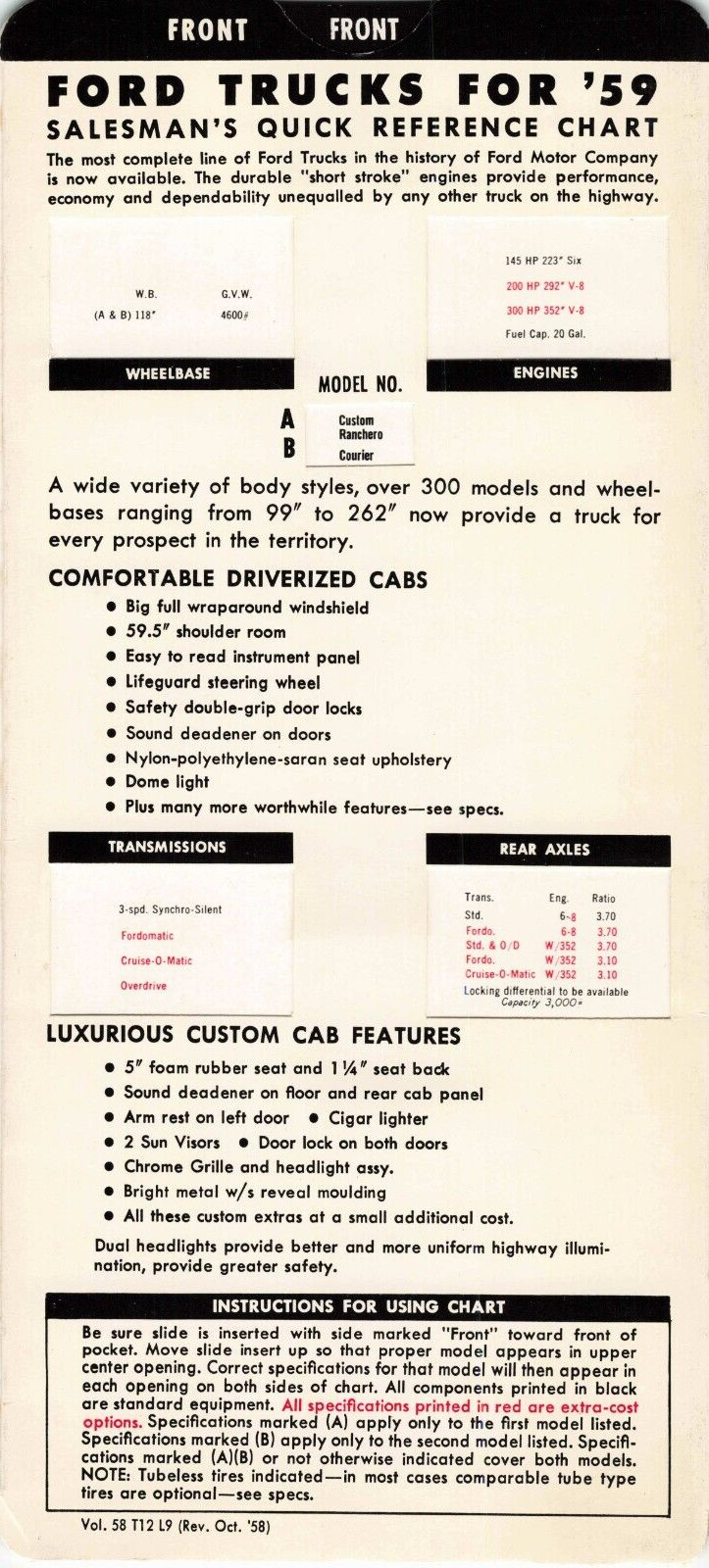 Vintage 1959 Ford trucks Salesman Quick Reference Chart