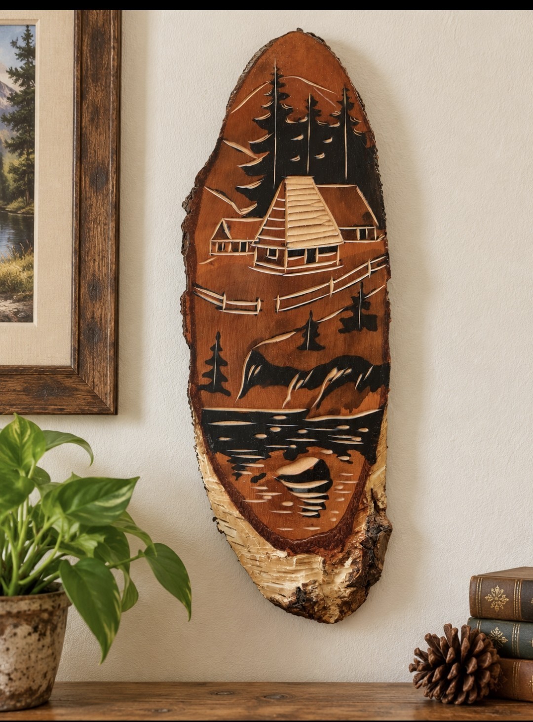 Vintage USSR Soviet Ukraine Carved Wood Wall Plaque Cabin Landscape Folk Art