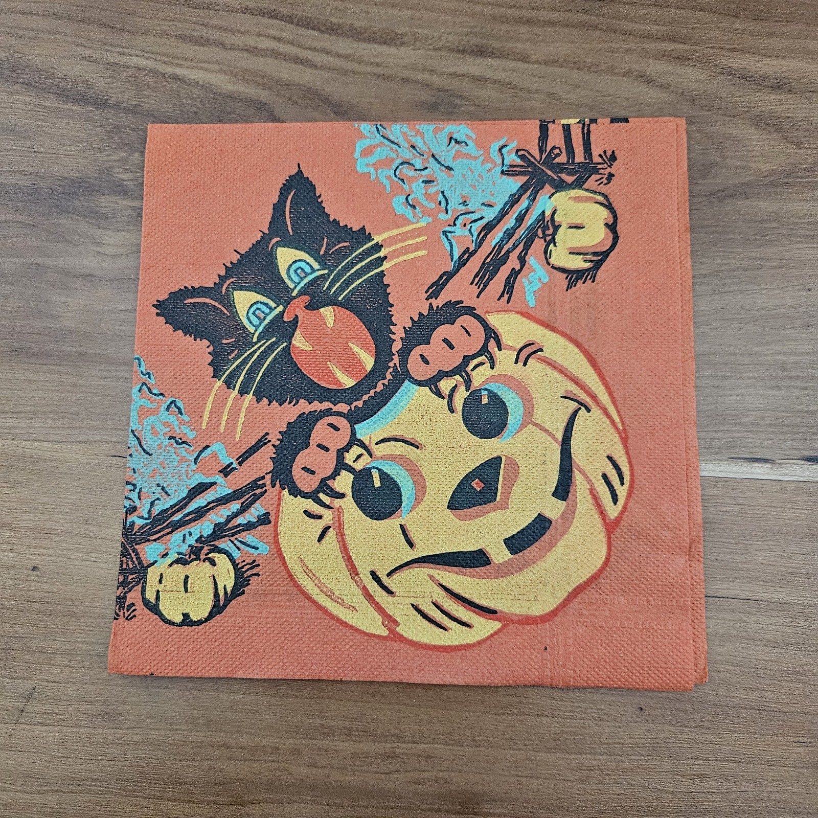 Vtg Halloween Crepe Paper Napkin FRENZIED CAT on JOL / Fence Pumpkins CUTE