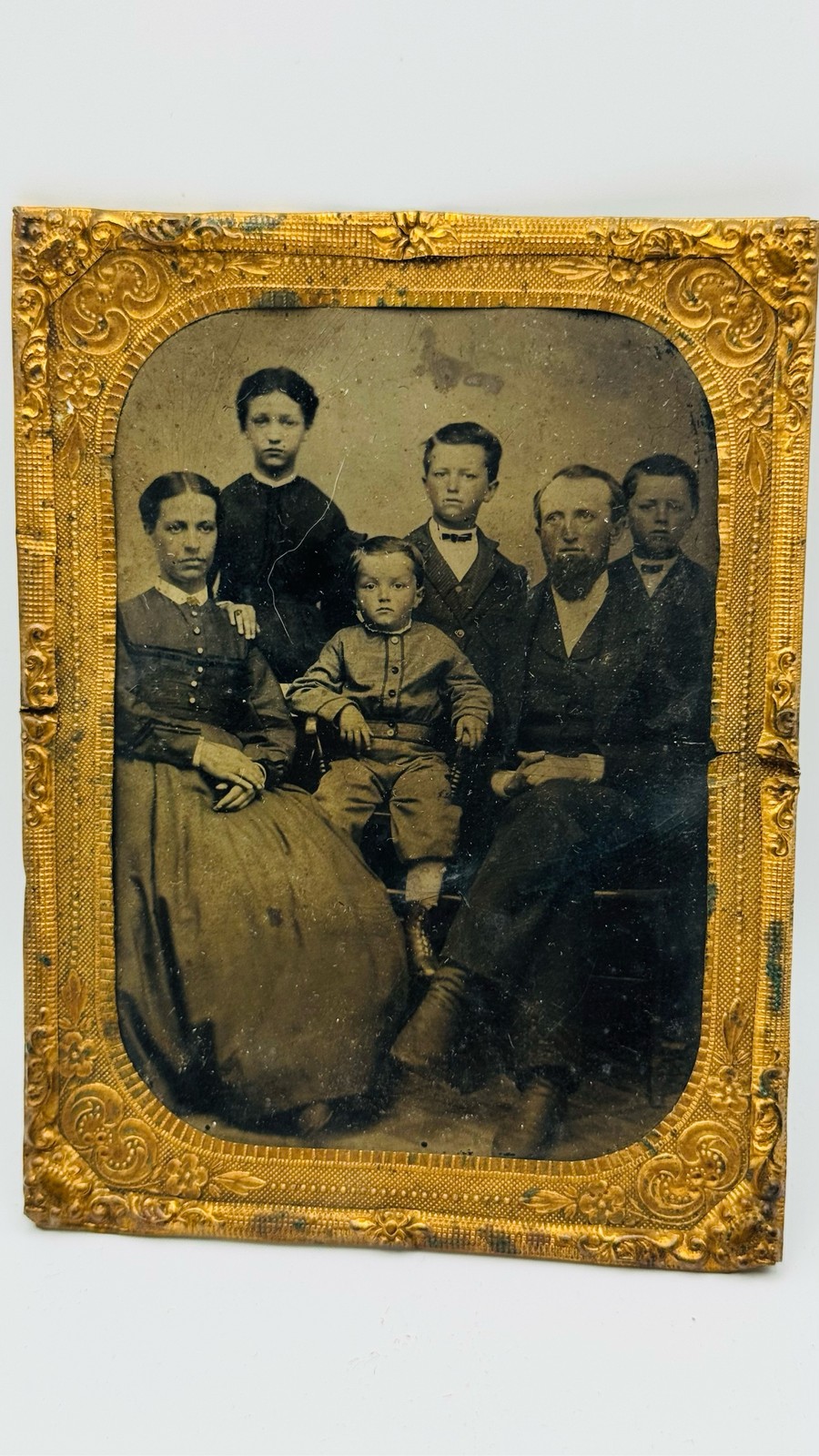 1860s Tintype Family Portrait Mother Father Children Gilt Ornate Frame 1/4 plate