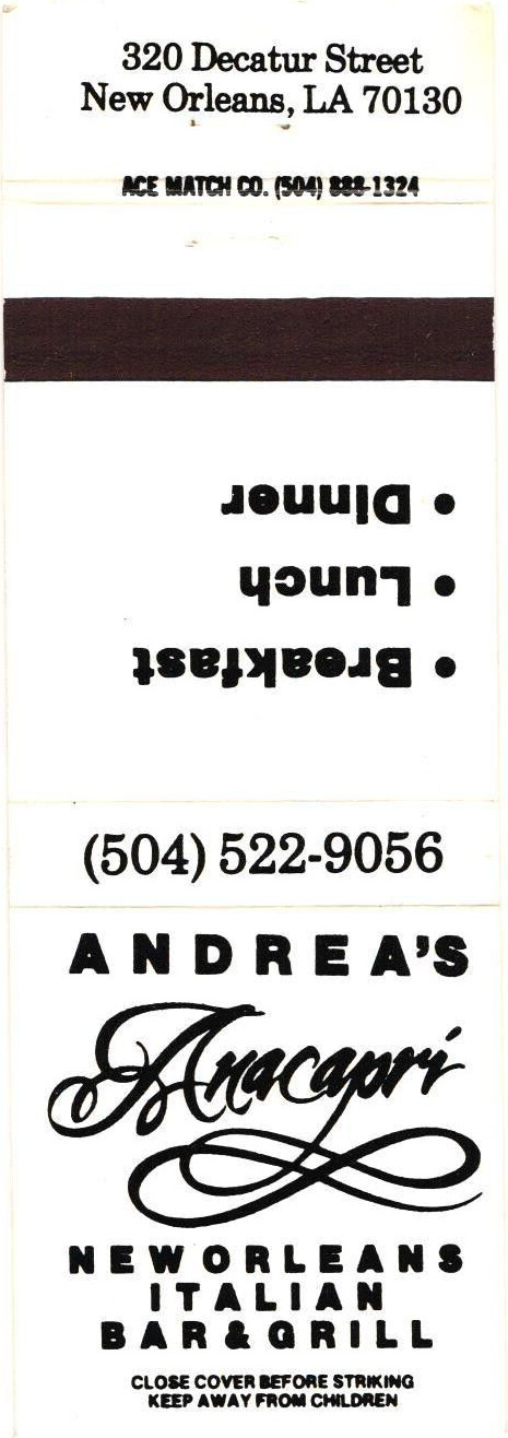Andrea\'s Anacapri New Orleans LA Italian Bar Grill Vintage Matchbook 1970s