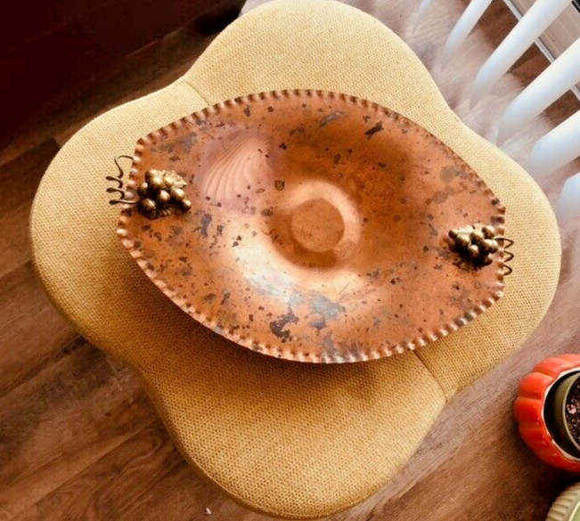 Footed 13oz 100% copper antique tray w/grapes on the ends looks Roycrofters