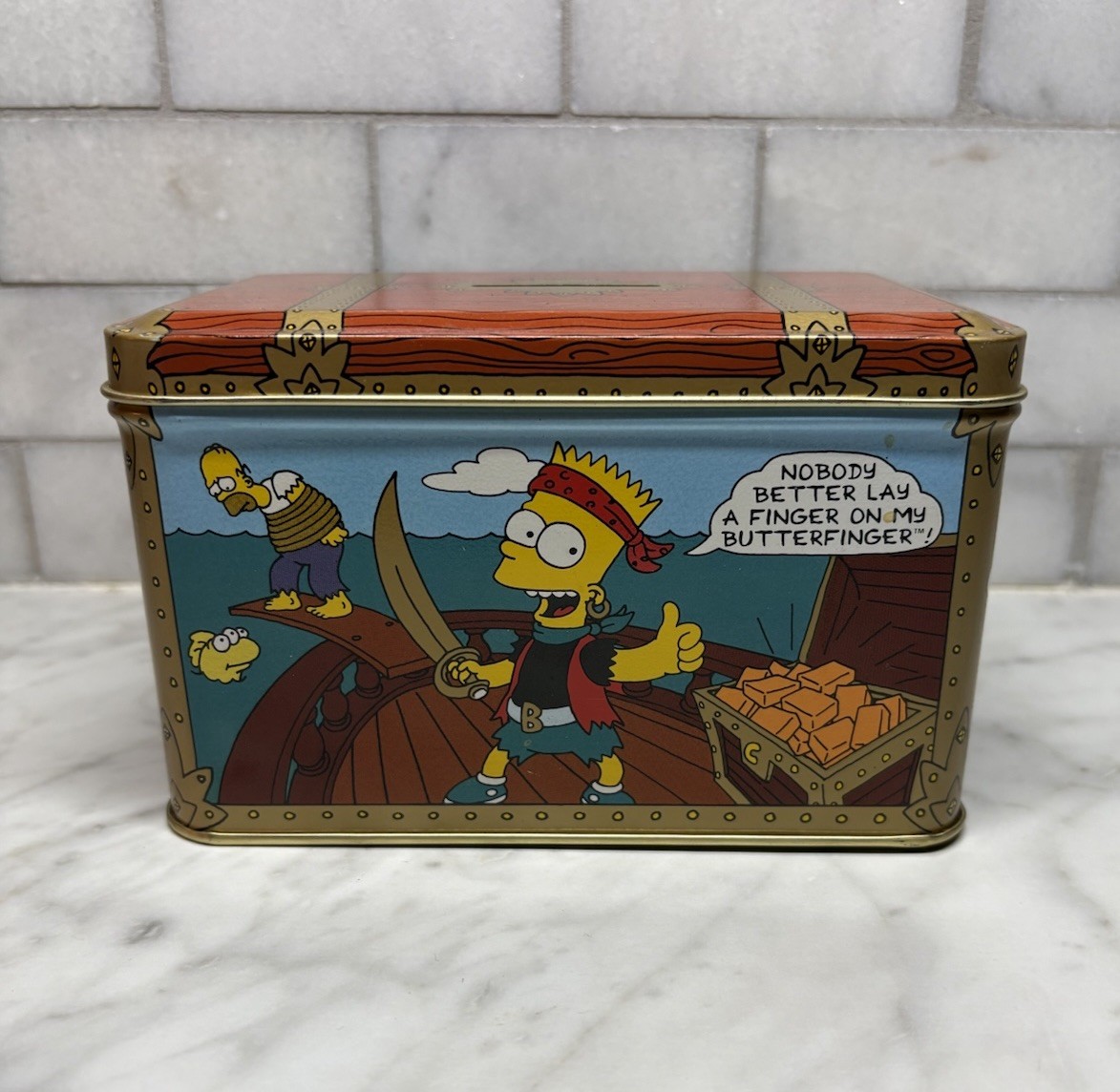 Vintage 1992 Bart Simpson Tin Bank Pirate Butterfinger Nestle Chocolate Candy