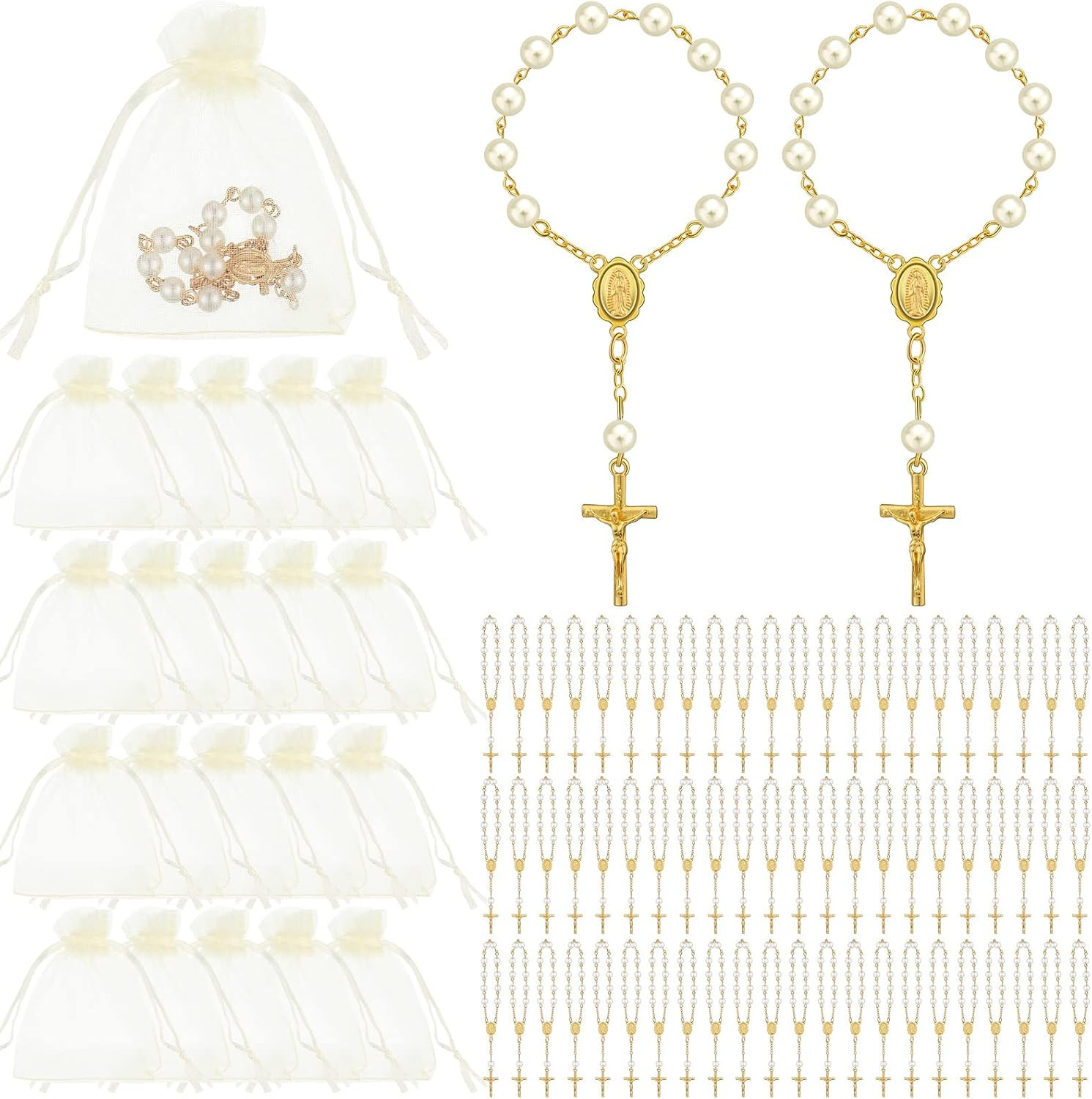 60 Pcs Mini Rosary Baptism Favors Bulk Finger Gold Rosaries Beads with Organza B