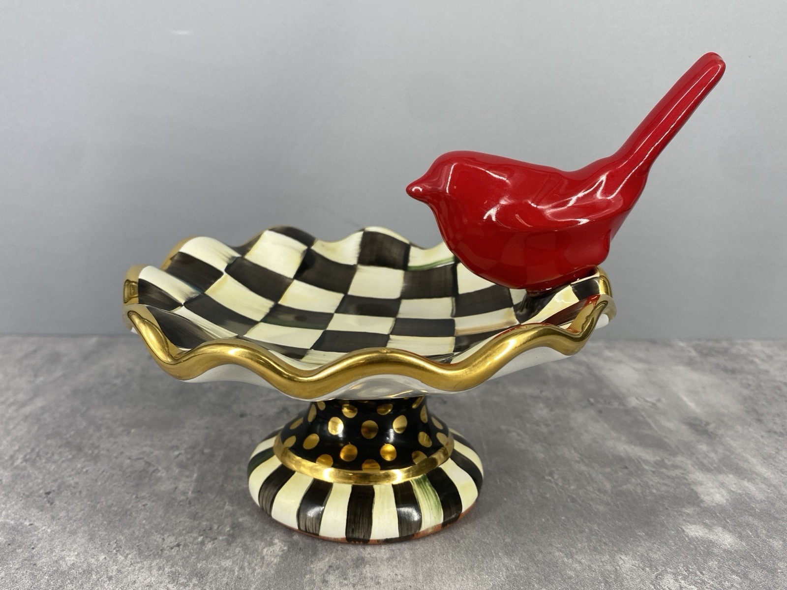 MacKenzie-Childs Courtly Check Pedestal Ring Dish Red Figural Bird Scalloped Rim