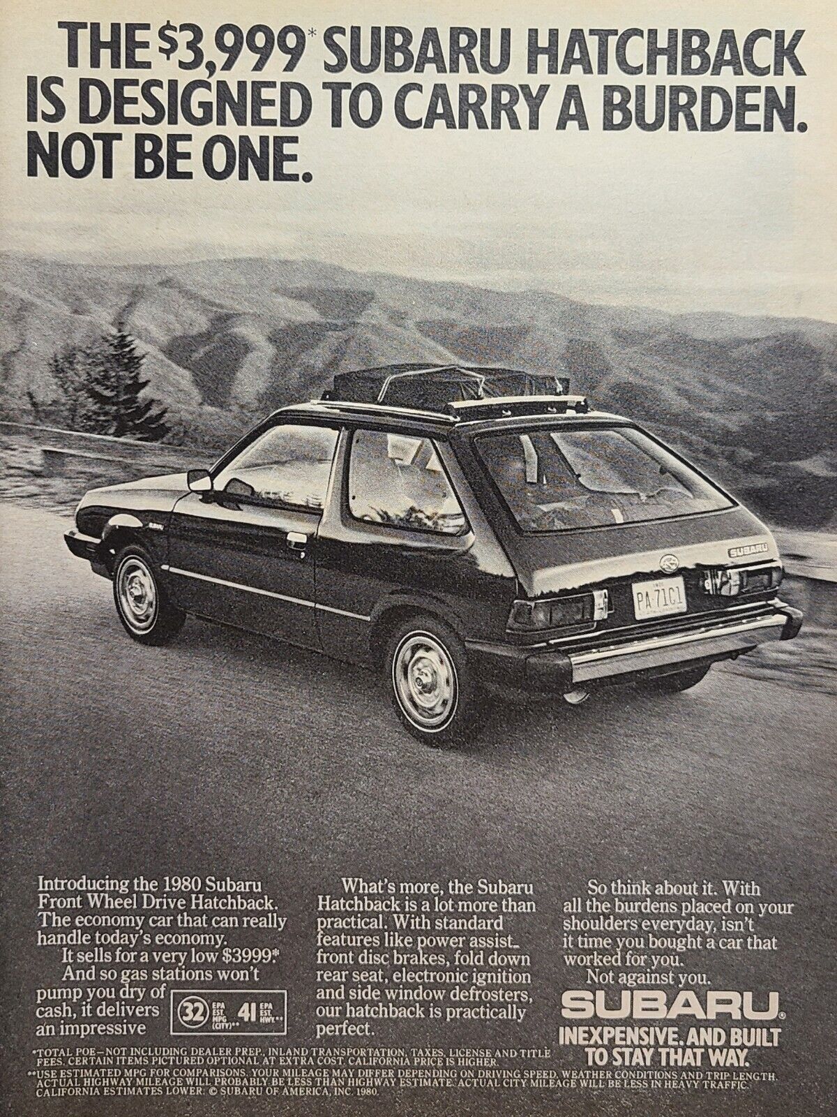Vintage Print Ad 1980 Suburu Front Wheel Drive Hatchback Mountains **See Descr*