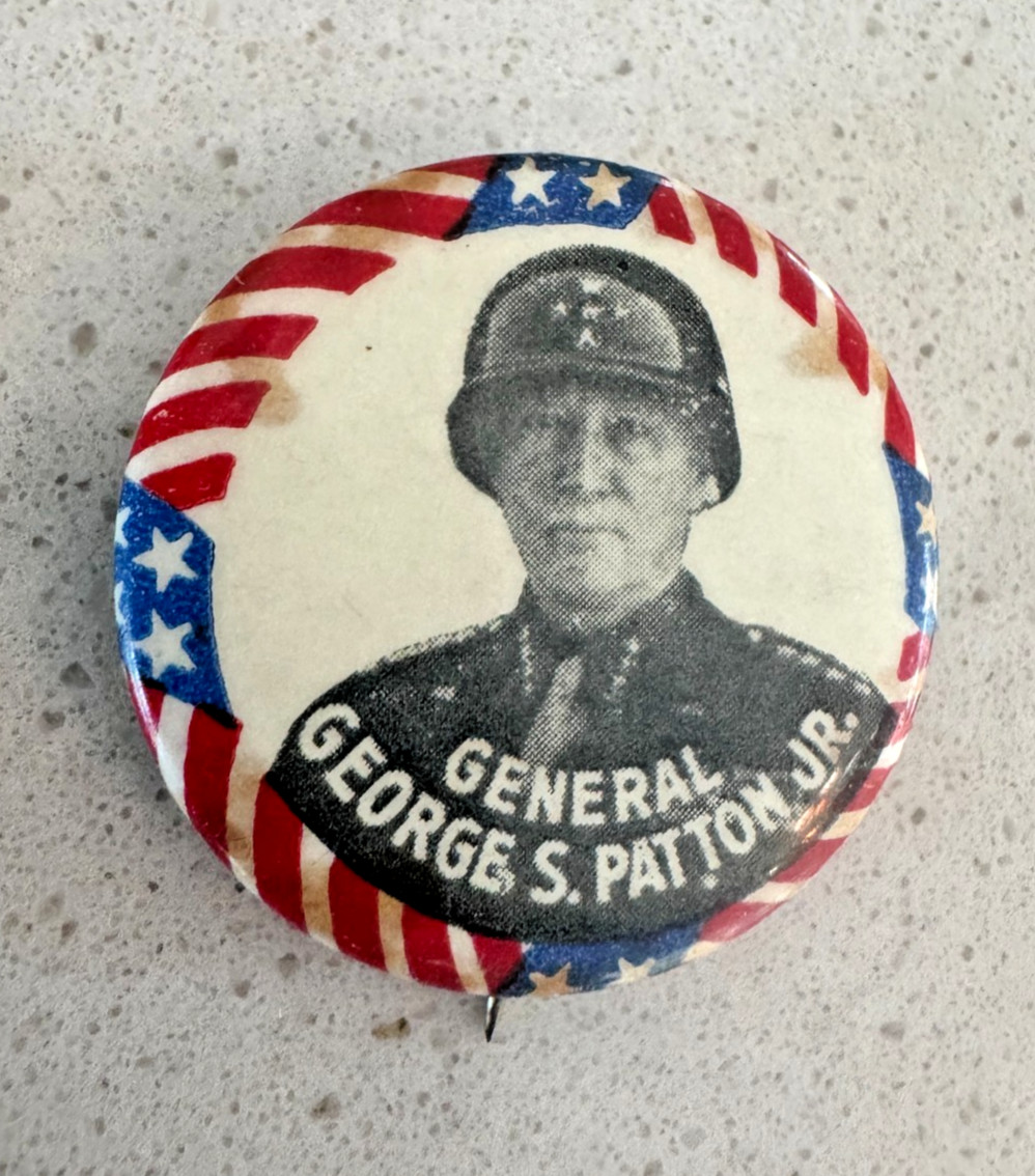 Vintage 1940s General George S. Patton Cello Photo Pinback Button Red White Blue