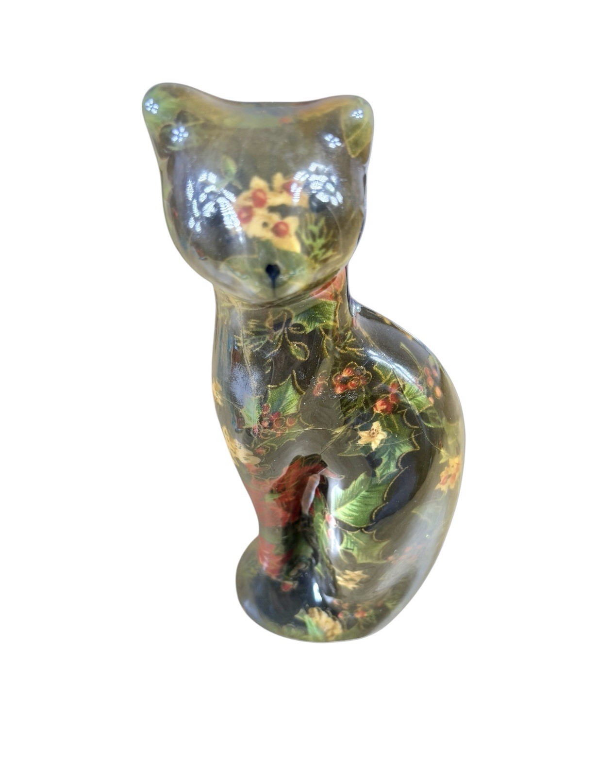 Vintage Christmas Holly Cat Figurine Resin Floral Pattern Decor