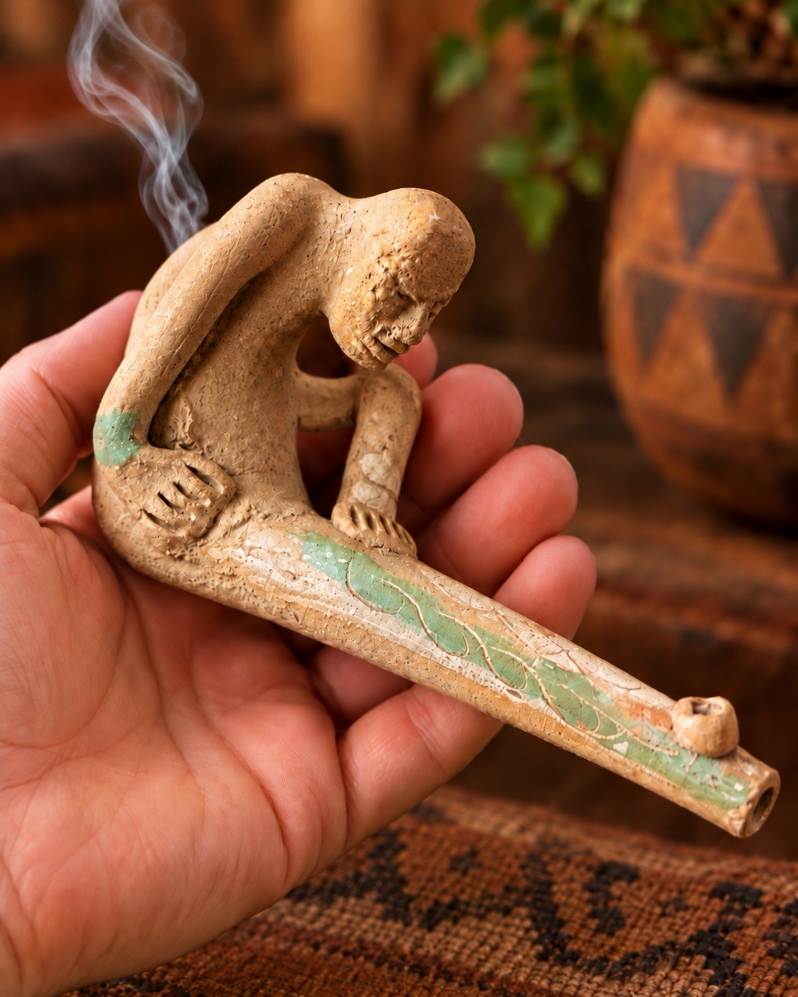 Vintage Figural Clay Smoking Pipe Mexican Folk Art Pottery A1